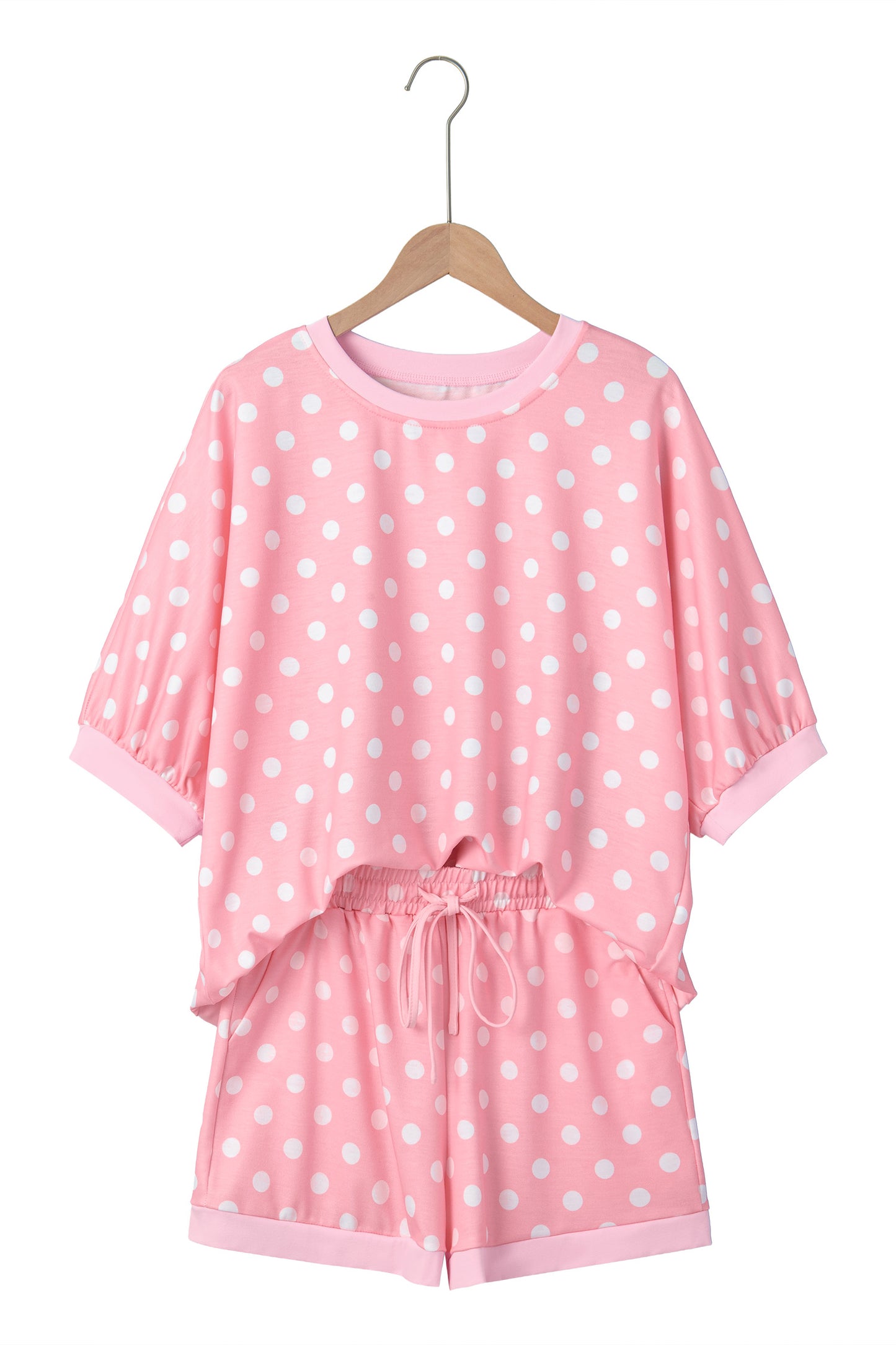 Sky Blue Polka Dot Oversized Top Drawstring Short Set-Two Piece Sets/Short Sets-[Adult]-[Female]-2022 Online Blue Zone Planet