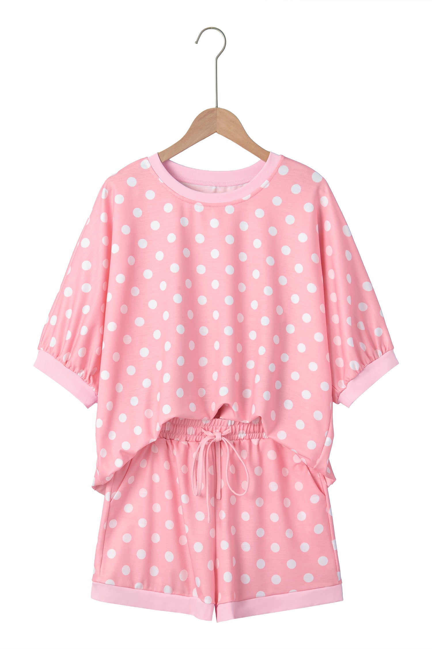 Sky Blue Polka Dot Oversized Top Drawstring Short Set-Two Piece Sets/Short Sets-[Adult]-[Female]-2022 Online Blue Zone Planet