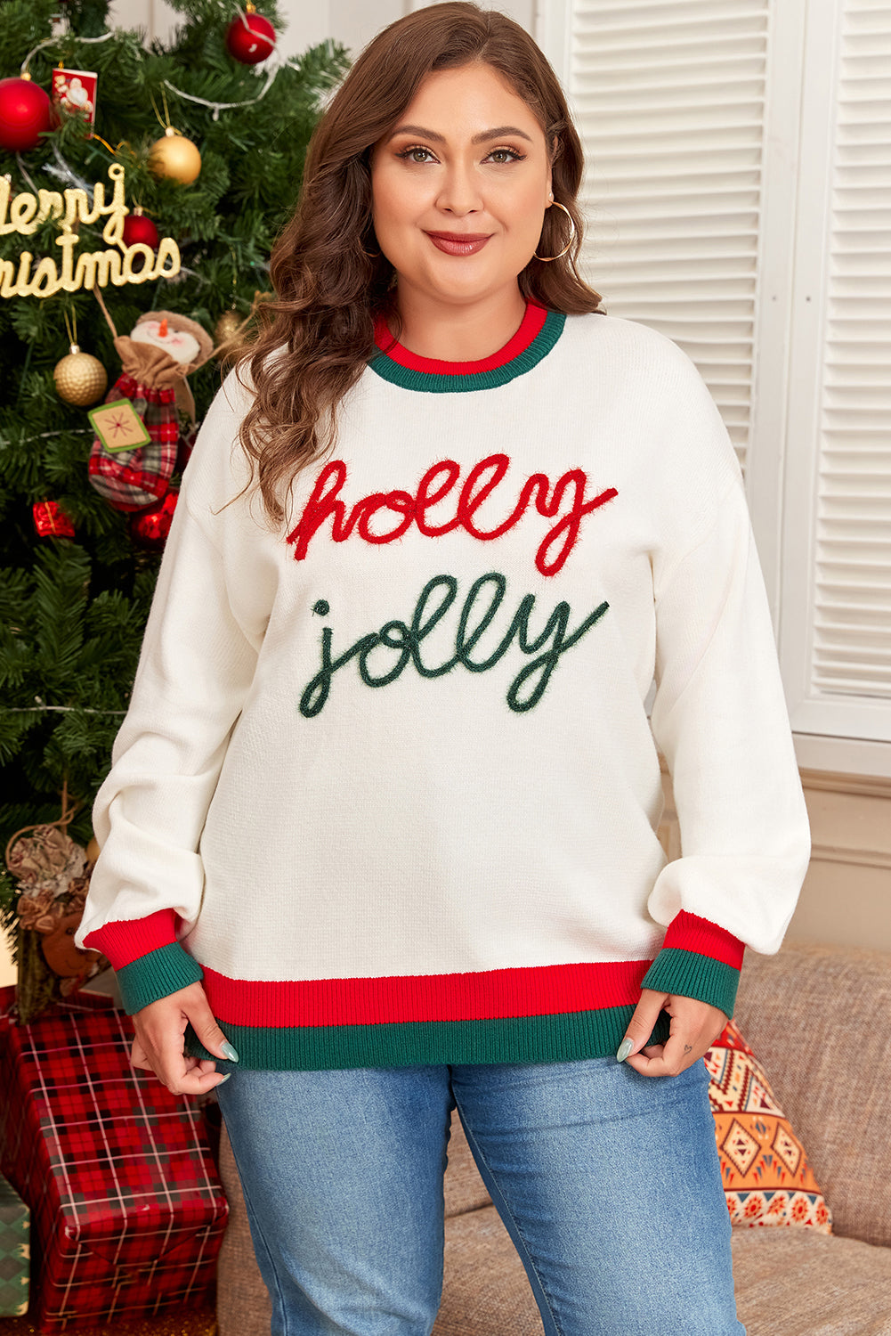 Blue Zone Planet | White Tinsel holly jolly Pattern Colorblock Edge Drop Shoulder Plus Size Sweater-Plus Size/Plus Size Sweaters & Cardigans-[Adult]-[Female]-2022 Online Blue Zone Planet