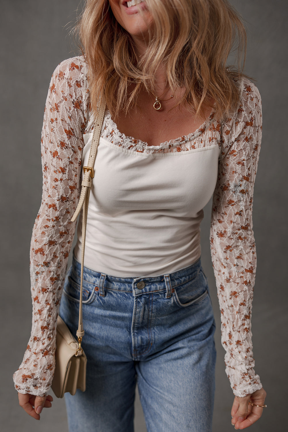 White Floral Lace Patchwork Square Neck Long Sleeve Top-Tops/Long Sleeve Tops-[Adult]-[Female]-2022 Online Blue Zone Planet