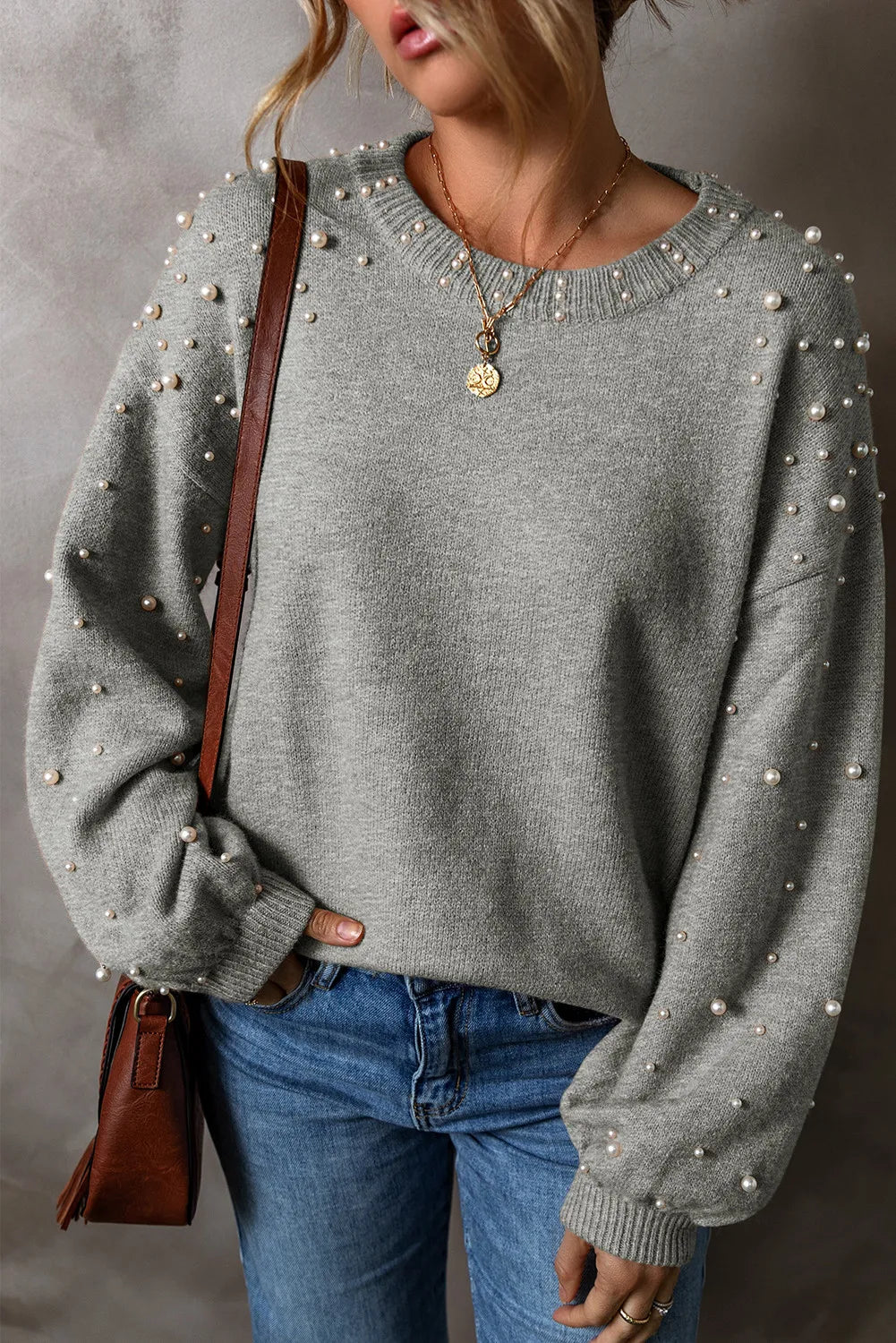 Blue Zone Planet | Pearl Detail Round Neck Long Sleeve Sweater-TOPS / DRESSES-[Adult]-[Female]-Gray-M-2022 Online Blue Zone Planet