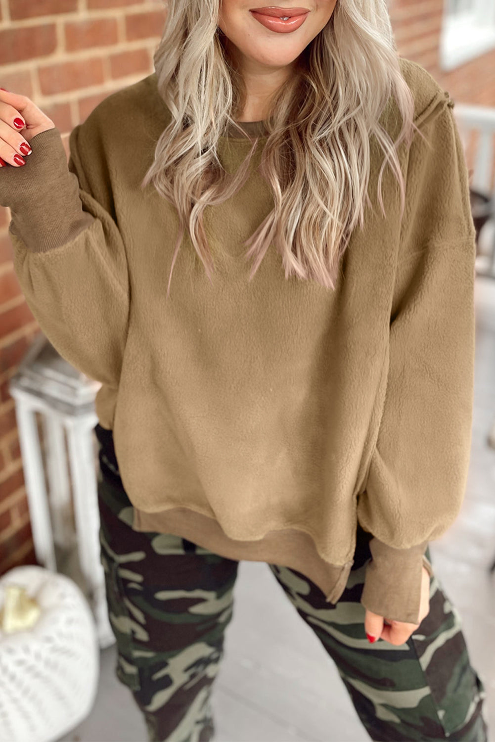 Dark Khaki Fuzzy Sherpa Splicing Pullover Sweatshirt with Side Slit-Tops/Sweatshirts & Hoodies-[Adult]-[Female]-Dark Khaki-S-2022 Online Blue Zone Planet