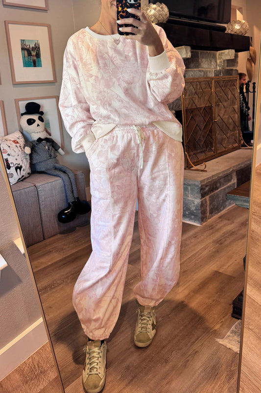 Pink Abstract Print Drop Shoulder Drawstring Waist Drawstring Hem Pant Set-Two Piece Sets/Pant Sets-[Adult]-[Female]-2022 Online Blue Zone Planet