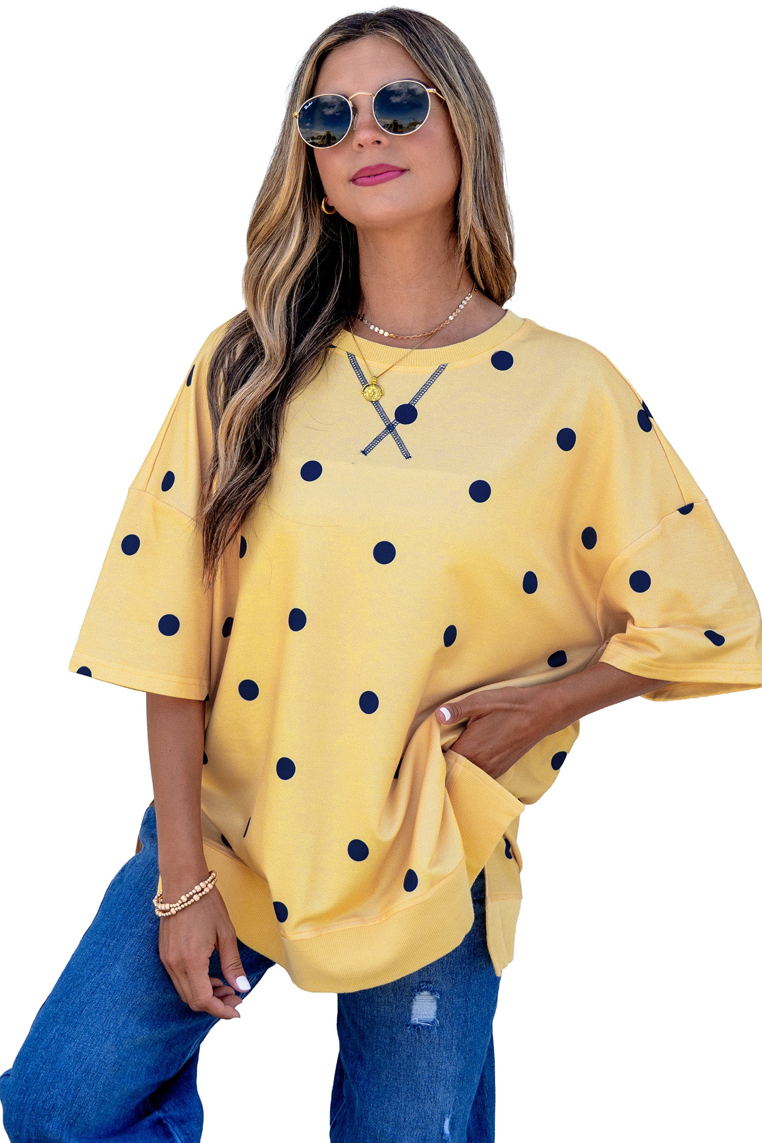 Yellow Polka Dot Print Crossed Seam Detail Oversize Tee-Tops/Tops & Tees-[Adult]-[Female]-2022 Online Blue Zone Planet