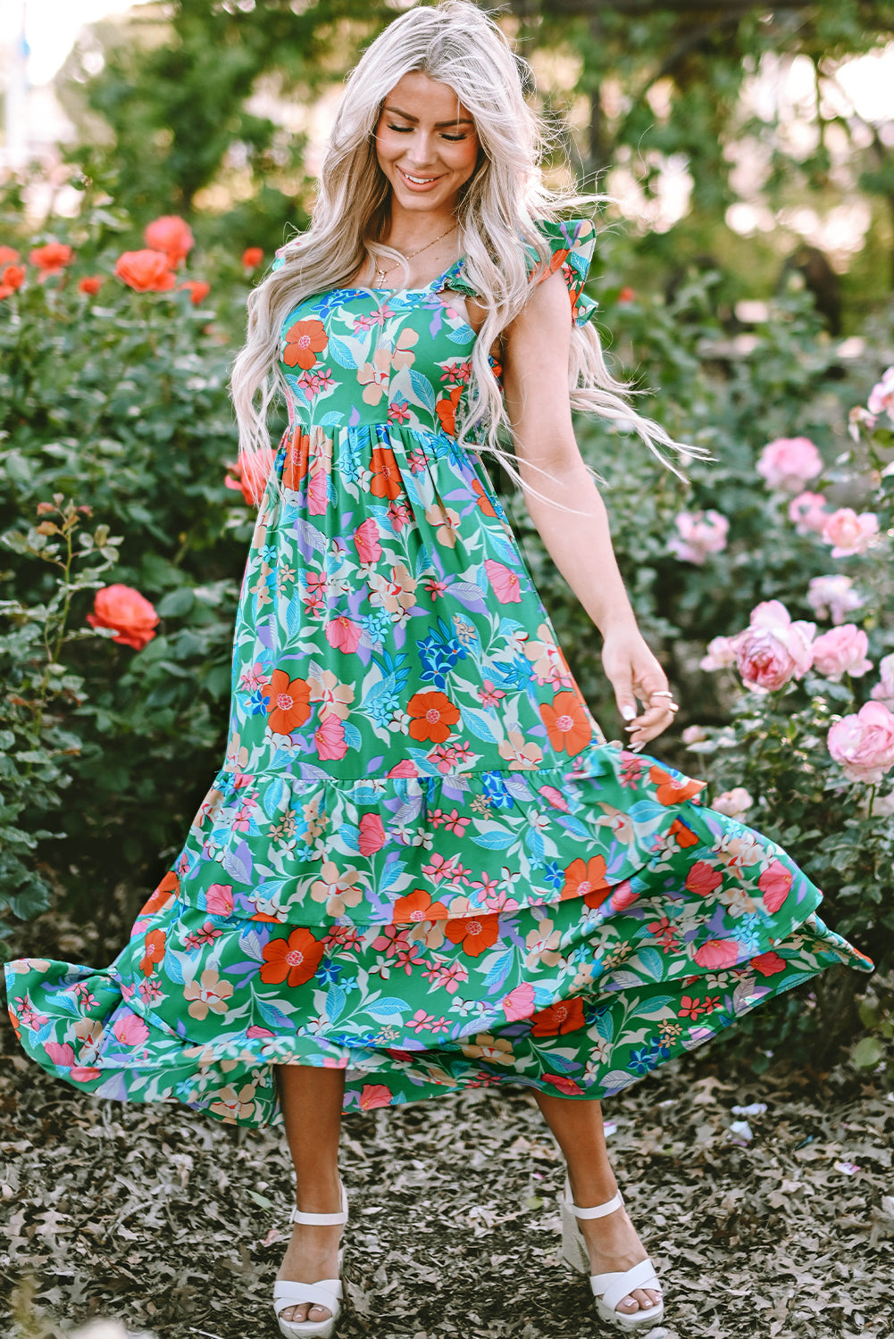 Blue Zone Planet |  Green Floral Print Sleeveless Ruffle Tiered Maxi Dress Blue Zone Planet