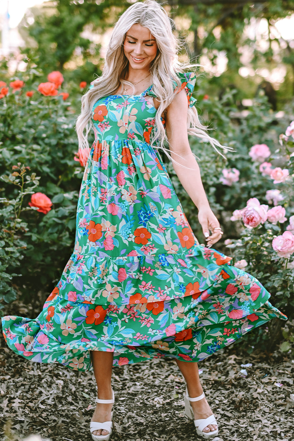 Pink Floral Print Sleeveless Ruffle Tiered Maxi Dress Blue Zone Planet