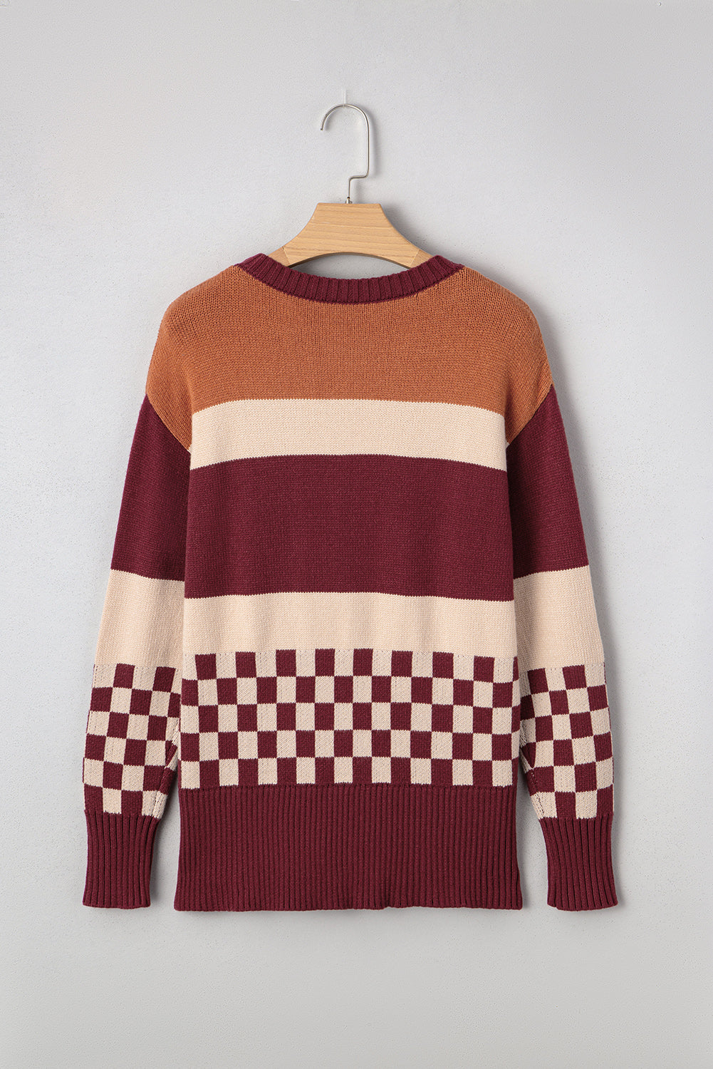 Brown Checkered Color Block Knitted Drop Shoulder Sweater-TOPS / DRESSES-[Adult]-[Female]-2022 Online Blue Zone Planet