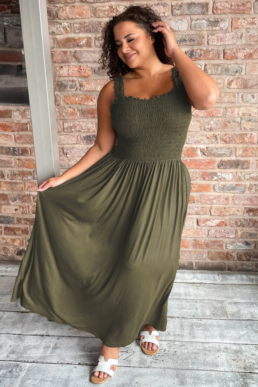 Jungle Green Shirred Bust Sleeveless Plus Size Maxi Dress-Plus Size/Plus Size Dresses/Plus Size Maxi Dresses-[Adult]-[Female]-2022 Online Blue Zone Planet