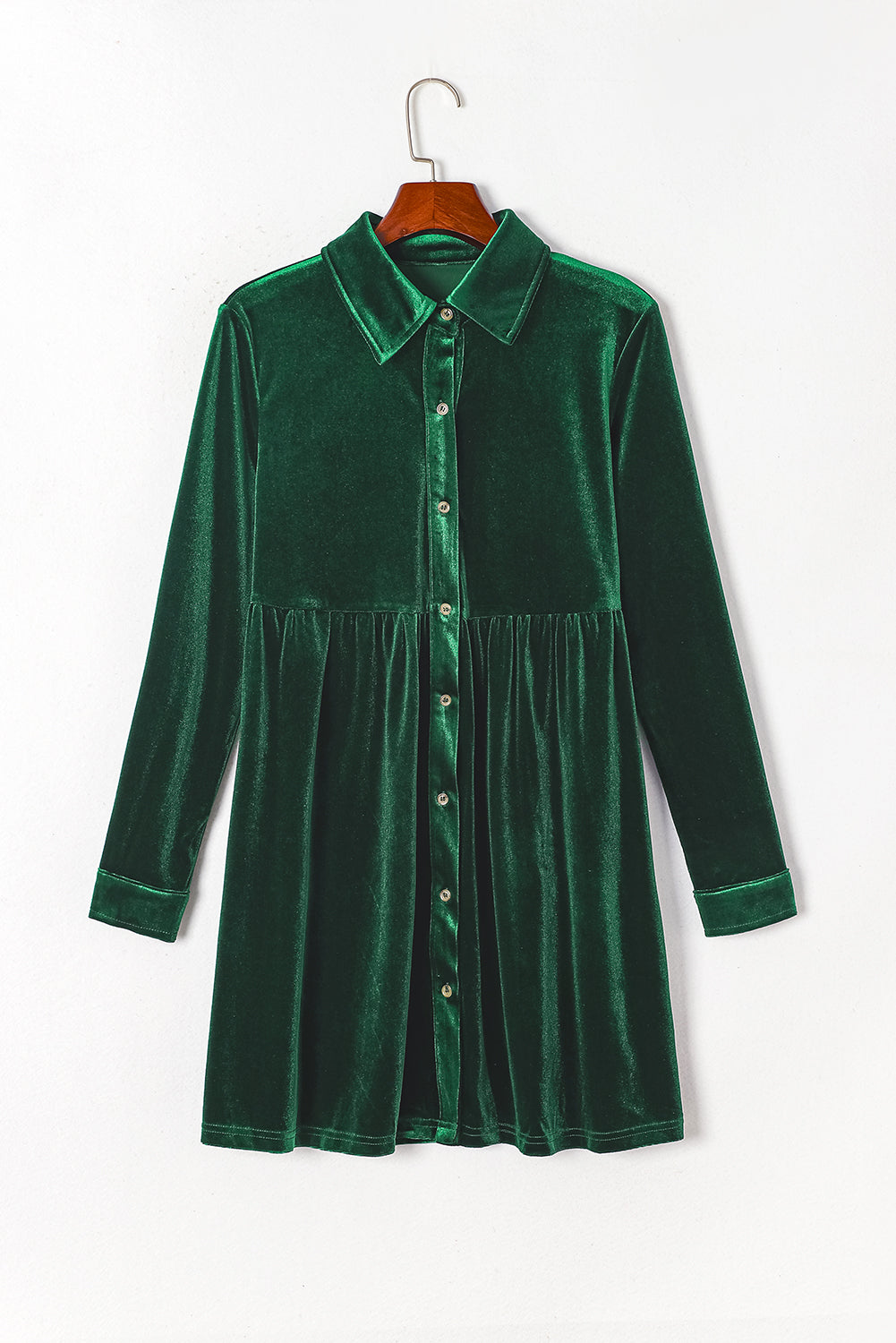 Blue Zone Planet | Green Long Sleeve Ruffle Velvet Button Up Dress-TOPS / DRESSES-[Adult]-[Female]-2022 Online Blue Zone Planet