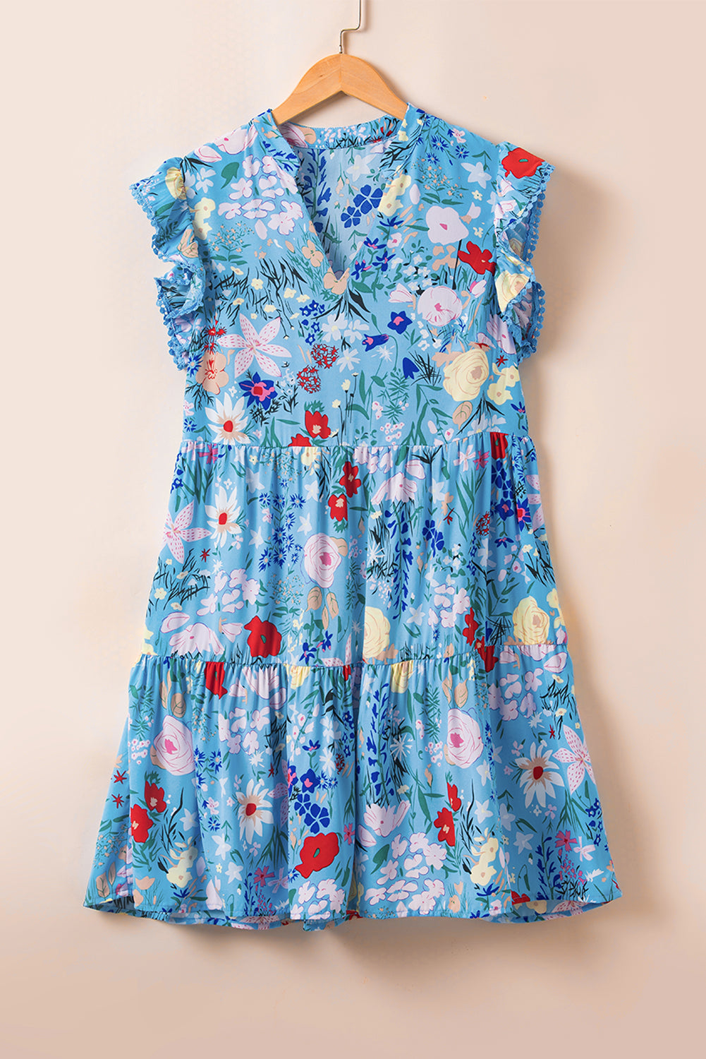 Sky Blue Floral Flutter Sleeve V Neck Ruffled Dress Blue Zone Planet