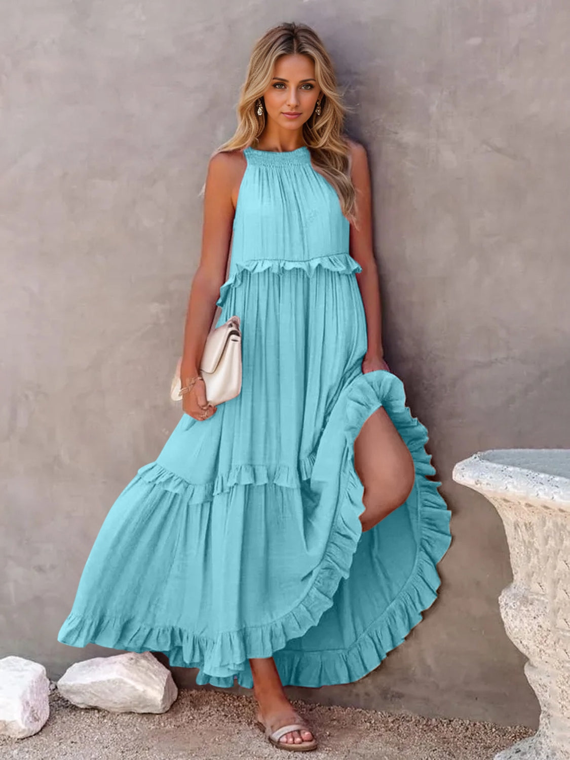 Blue Zone Planet |  Ruffled Sleeveless Tiered Maxi Dress with Pockets BLUE ZONE PLANET