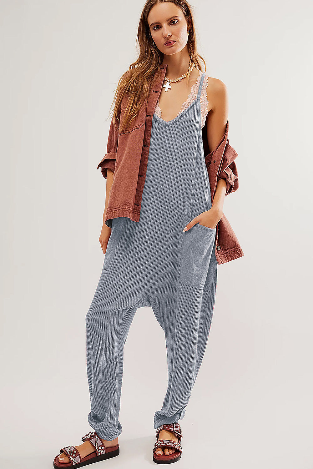 Gray Waffle Knit Spaghetti Straps Loose Fit Jumpsuit Blue Zone Planet