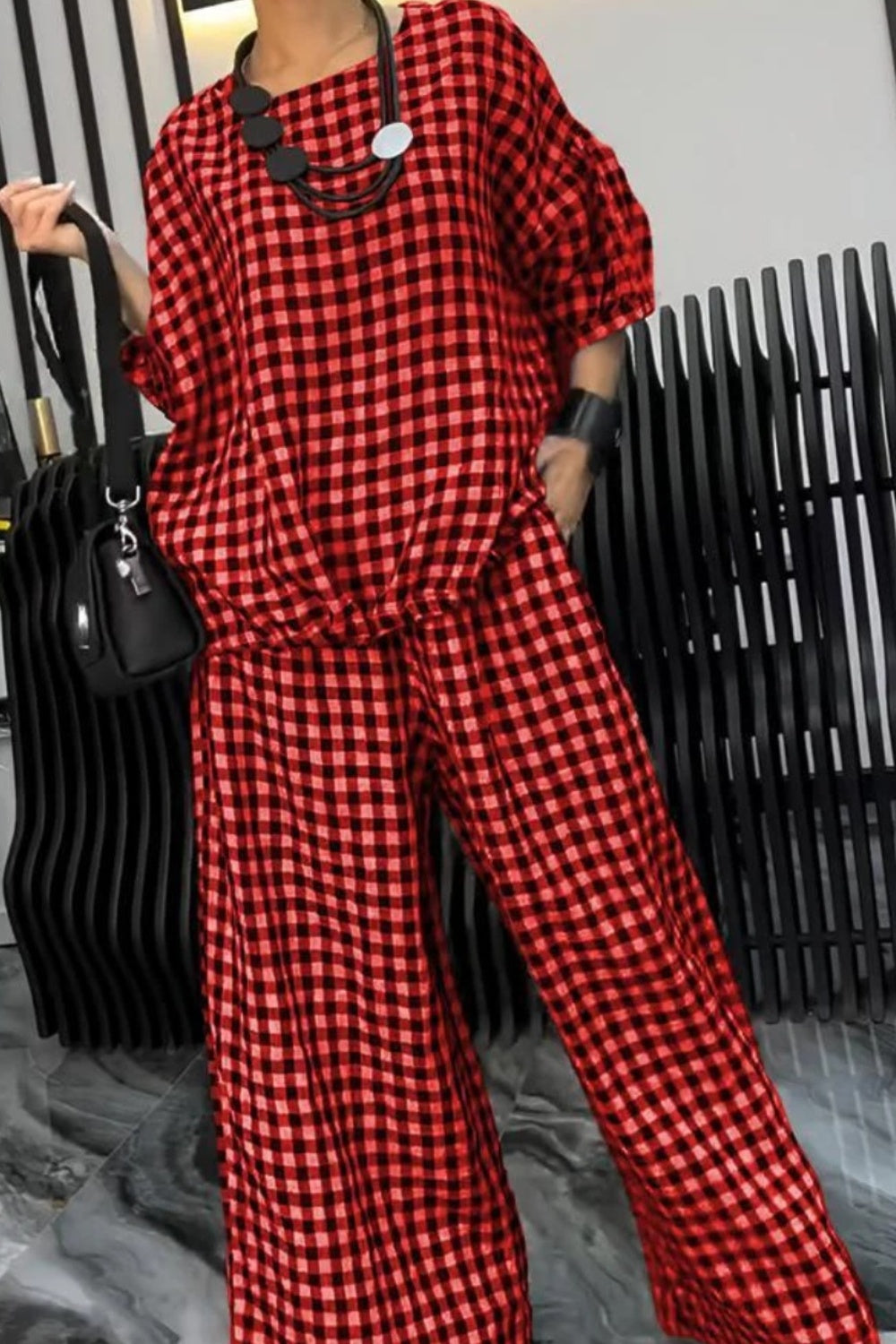 Full Size Plaid Round Neck Half Sleeve Top and Pants Set-TOPS / DRESSES-[Adult]-[Female]-Deep Red-S-2022 Online Blue Zone Planet