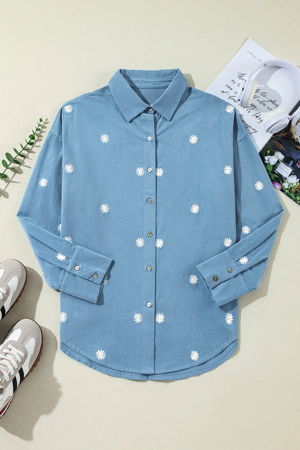 Embroidered Daisy Collared Neck Long Sleeve Shirt-TOPS / DRESSES-[Adult]-[Female]-2022 Online Blue Zone Planet