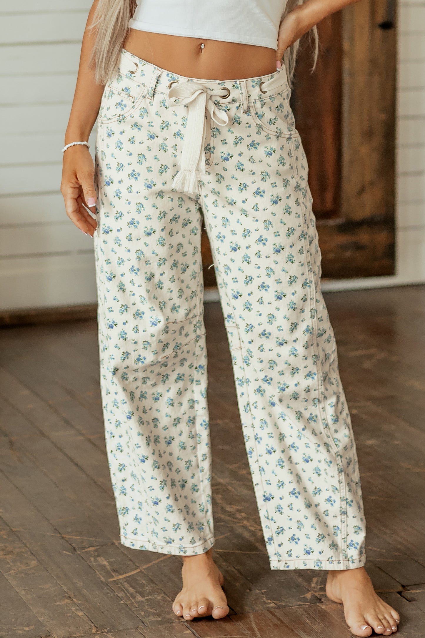 Beige Grommet Knot Waist Floral Barrel Leg Jeans-Bottoms/Jeans-[Adult]-[Female]-2022 Online Blue Zone Planet