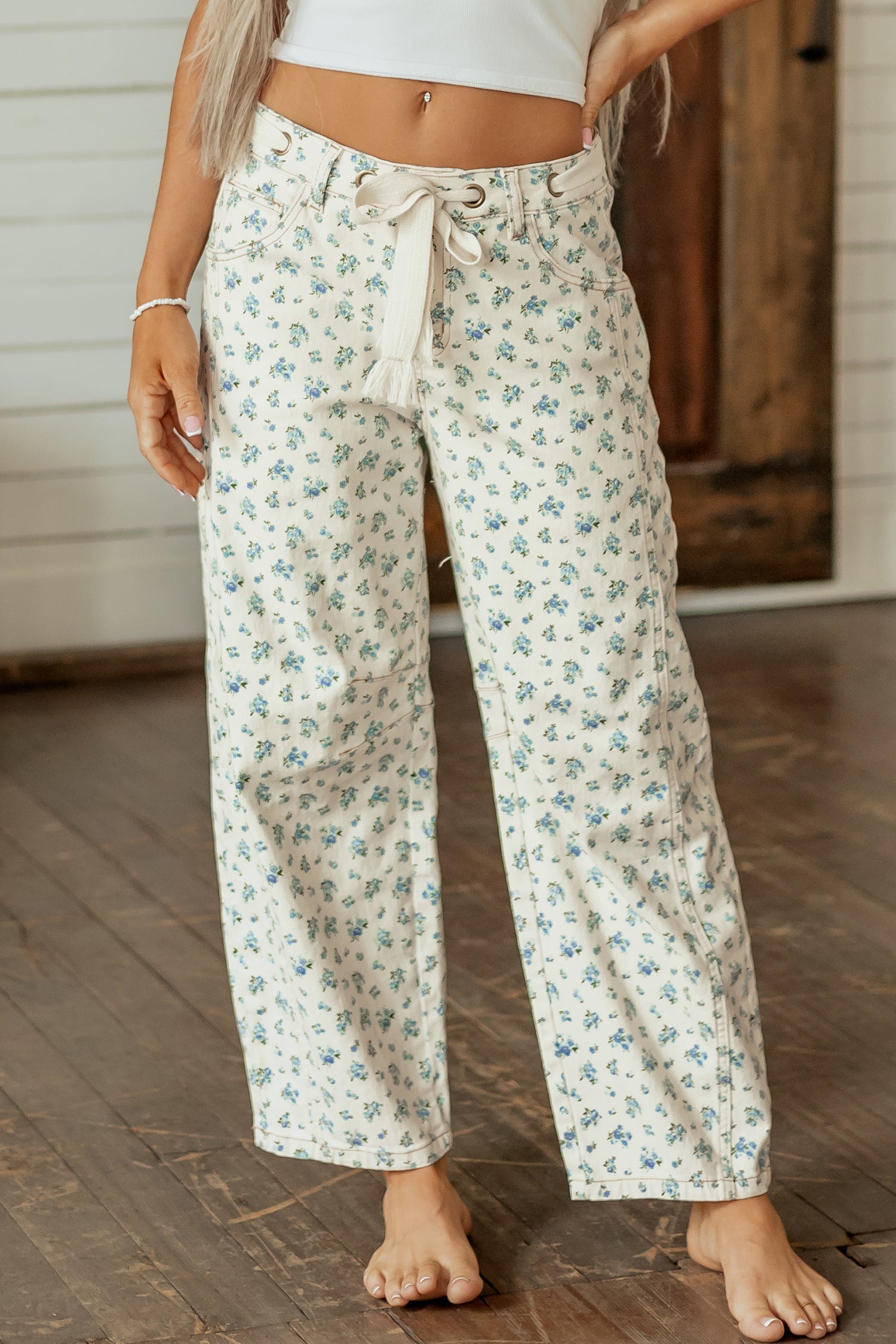 Beige Grommet Knot Waist Floral Barrel Leg Jeans-Bottoms/Jeans-[Adult]-[Female]-2022 Online Blue Zone Planet