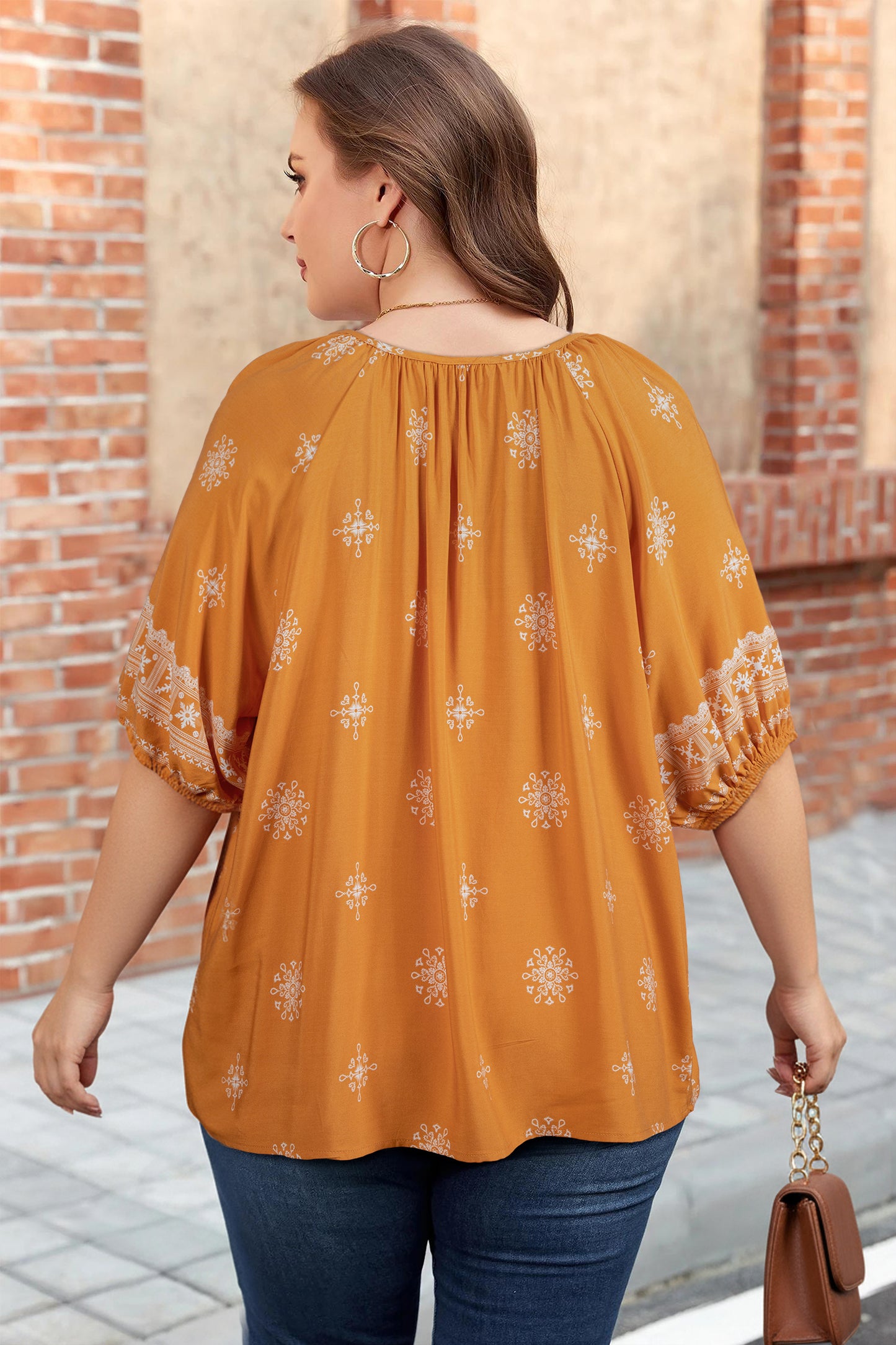 Yellow Boho Chic Notched V Neck Plus Floral Short Sleeve Top-Plus Size/Plus Size Tops/Plus Size Blouses & Shirts-[Adult]-[Female]-2022 Online Blue Zone Planet