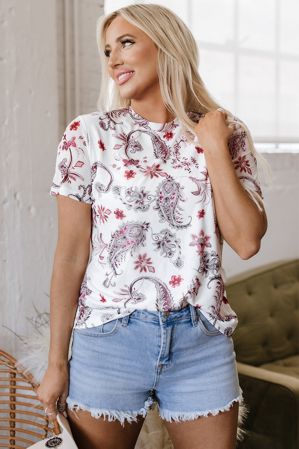 White Vintage Paisley Mock Neck T Shirt-Tops/Tops & Tees-[Adult]-[Female]-2022 Online Blue Zone Planet