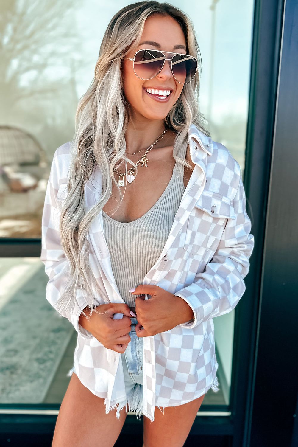 Khaki Checkerboard Flap Pocket Button Front Shacket-Outerwear/Plaid Shackets-[Adult]-[Female]-2022 Online Blue Zone Planet