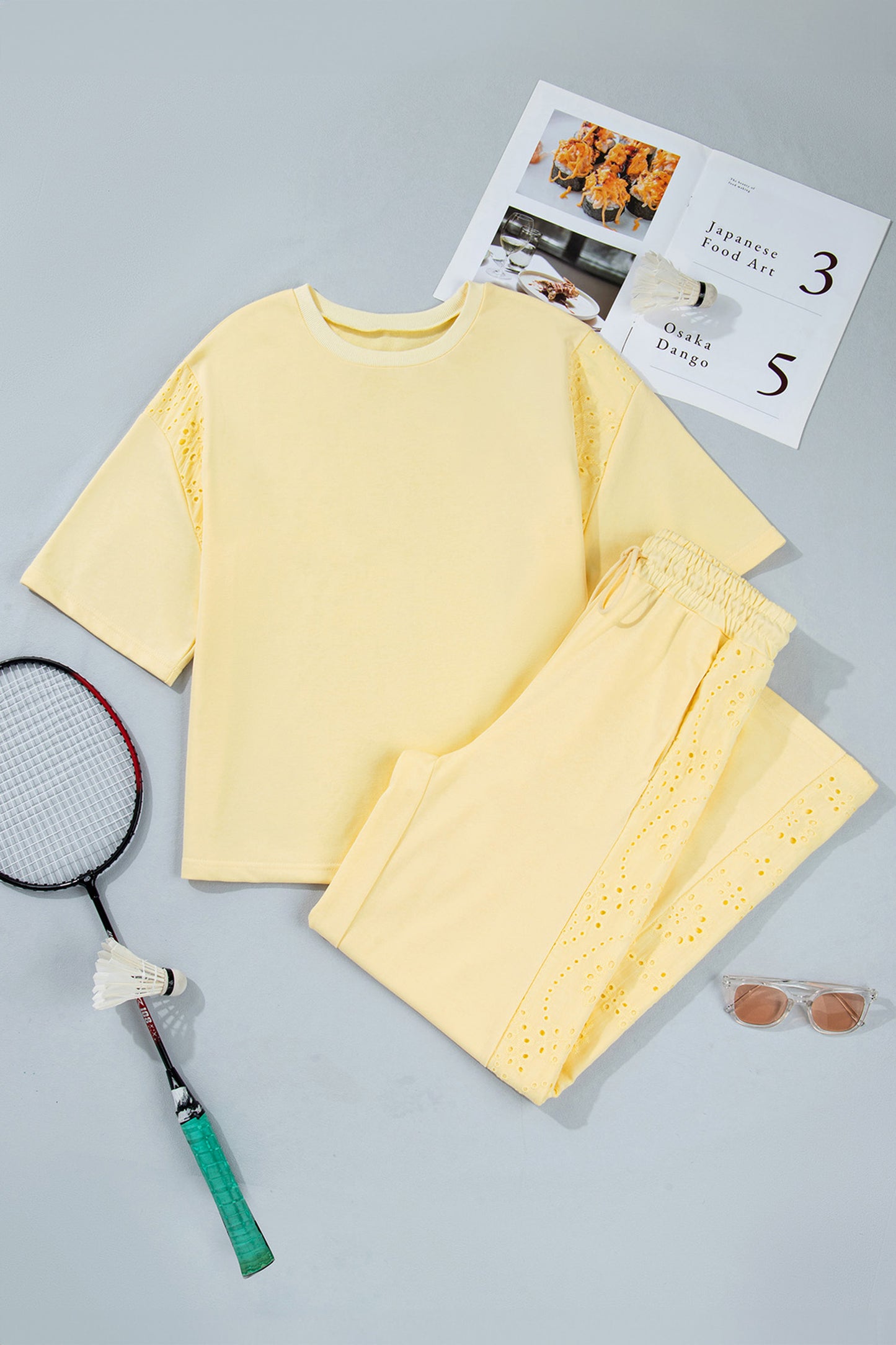 Light Green Lace Patchwork Half Sleeve Top Elastic Waist Pants Two Piece Set-Two Piece Sets/Pant Sets-[Adult]-[Female]-2022 Online Blue Zone Planet