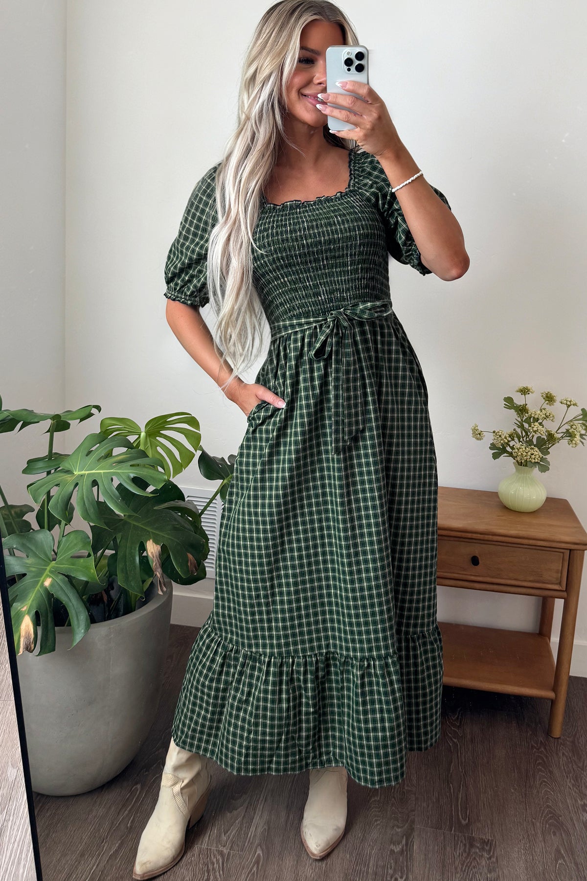 Green Plaid Square Neck Shirred High Waist Ruffle Hem Dress-TOPS / DRESSES-[Adult]-[Female]-2022 Online Blue Zone Planet