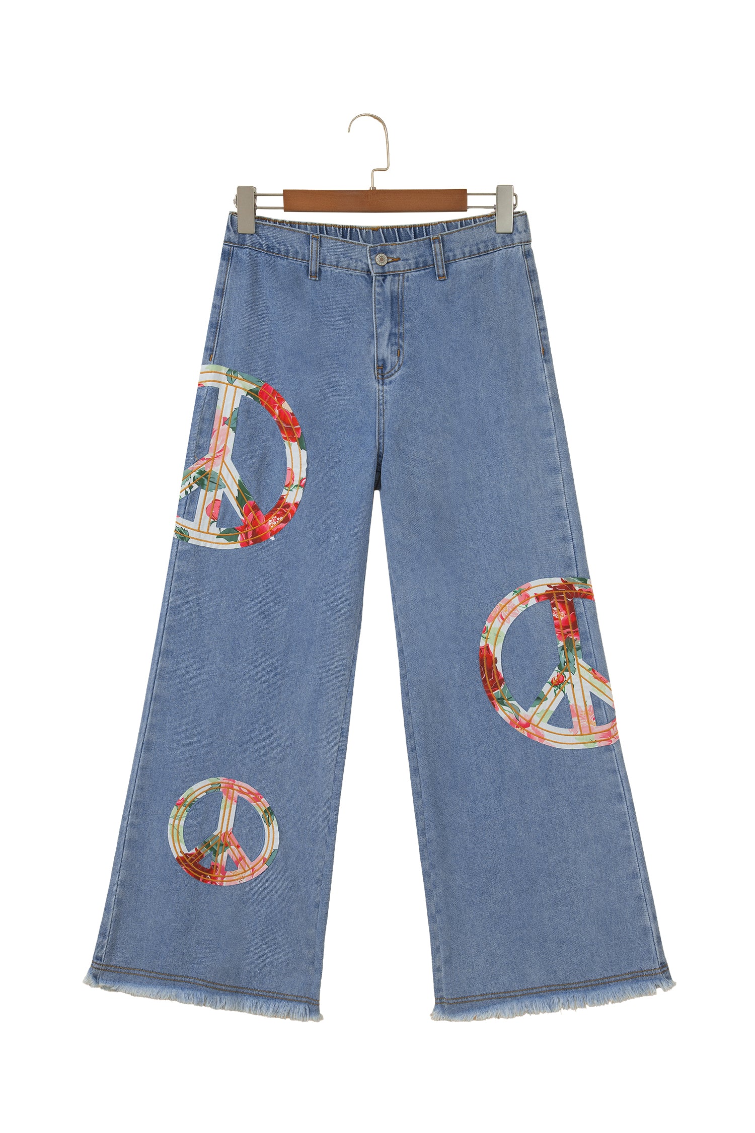 Myosotis Floral Peace Sign Embroidered Patch Wide Leg Jeans-Bottoms/Jeans-[Adult]-[Female]-2022 Online Blue Zone Planet