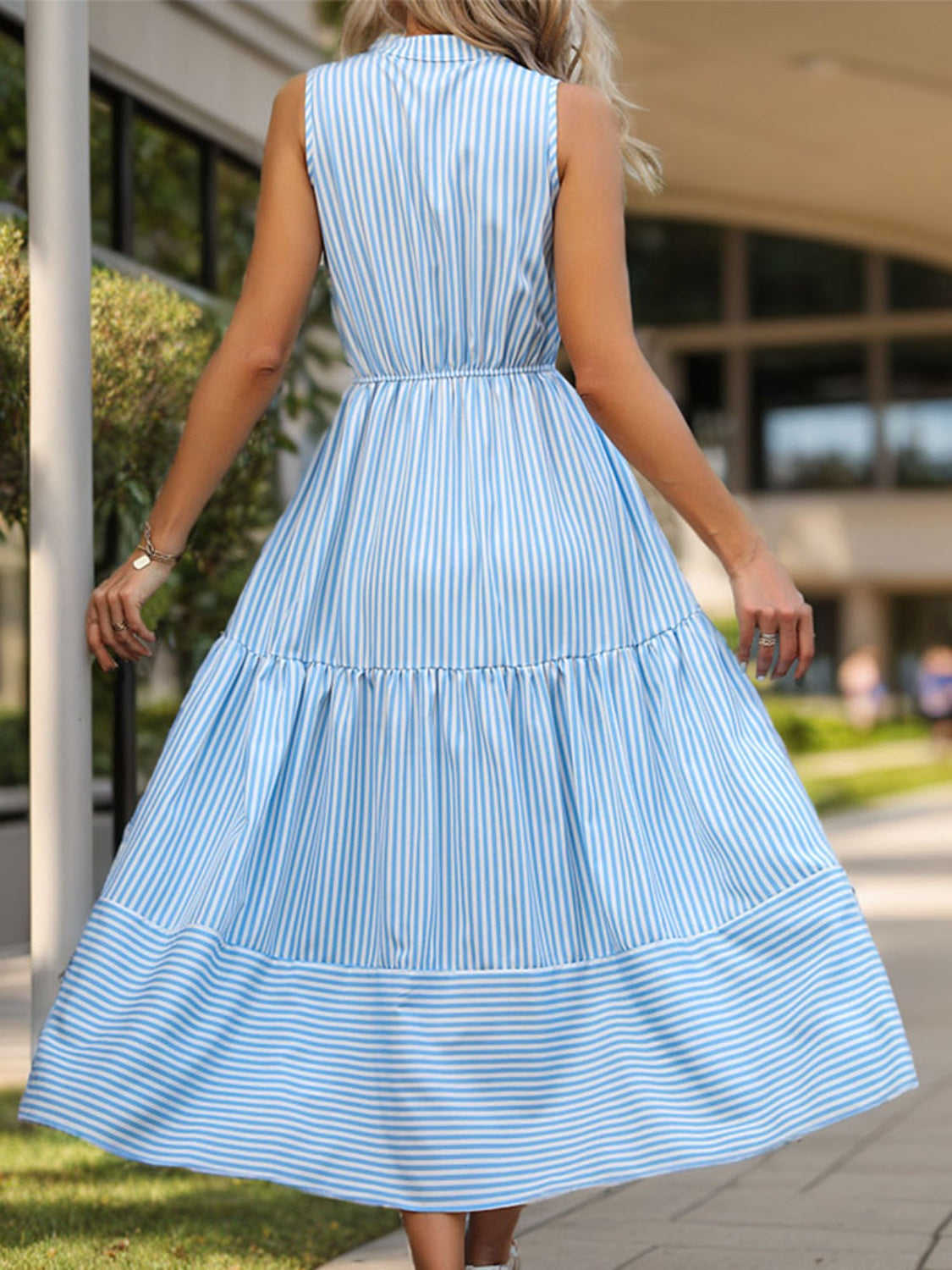 Striped Notched Sleeveless Midi Dress-[Adult]-[Female]-2022 Online Blue Zone Planet