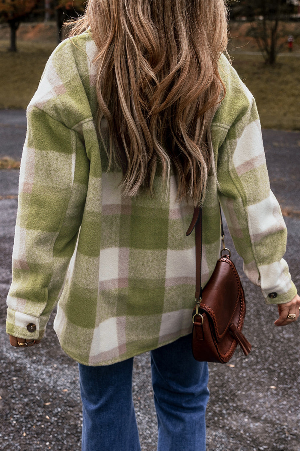 Sage Green Plaid Print Buttoned Flap Pockets Baggy Shacket-Outerwear/Plaid Shackets-[Adult]-[Female]-2022 Online Blue Zone Planet