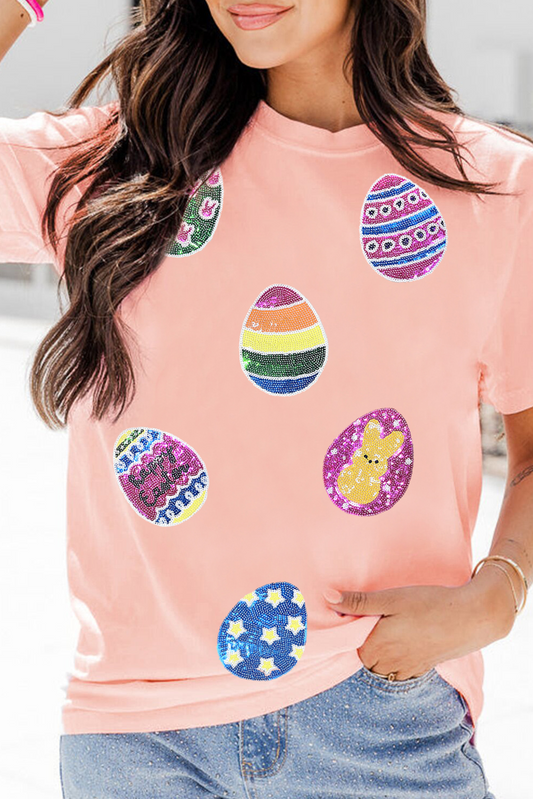 Pink Sequin Easter Eggs Graphic Crewneck T Shirt-Graphic/Graphic Tees-[Adult]-[Female]-Pink-S-2022 Online Blue Zone Planet