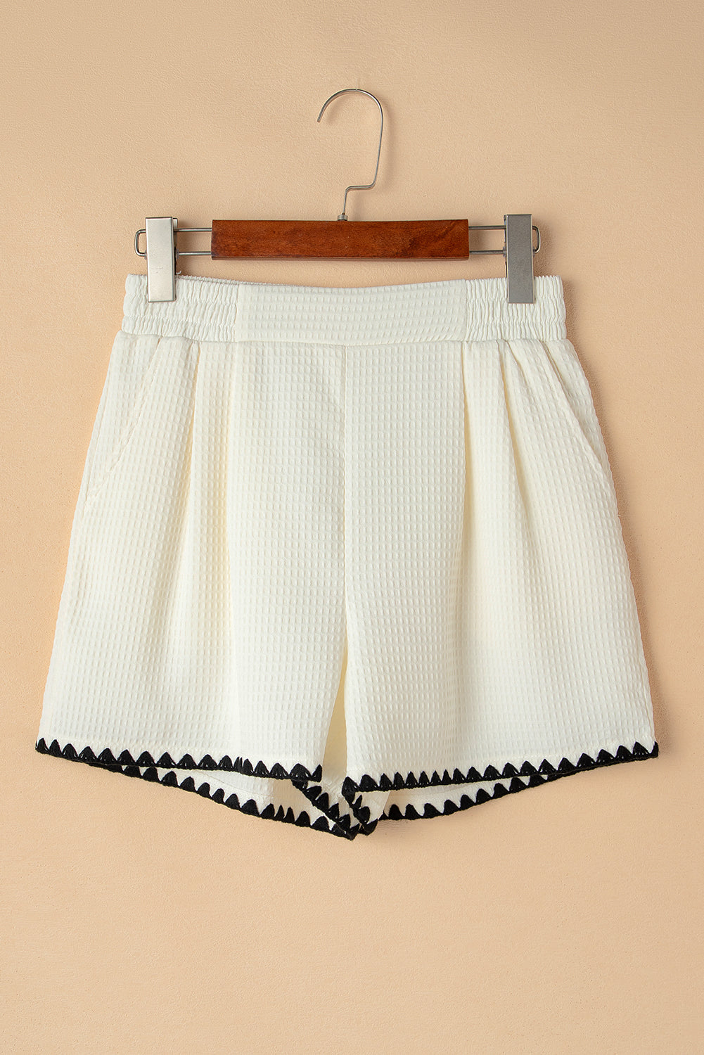 White Waffle Texture Contrast Ricrac Hemline Casual Shorts-Bottoms/Casual Shorts-[Adult]-[Female]-2022 Online Blue Zone Planet