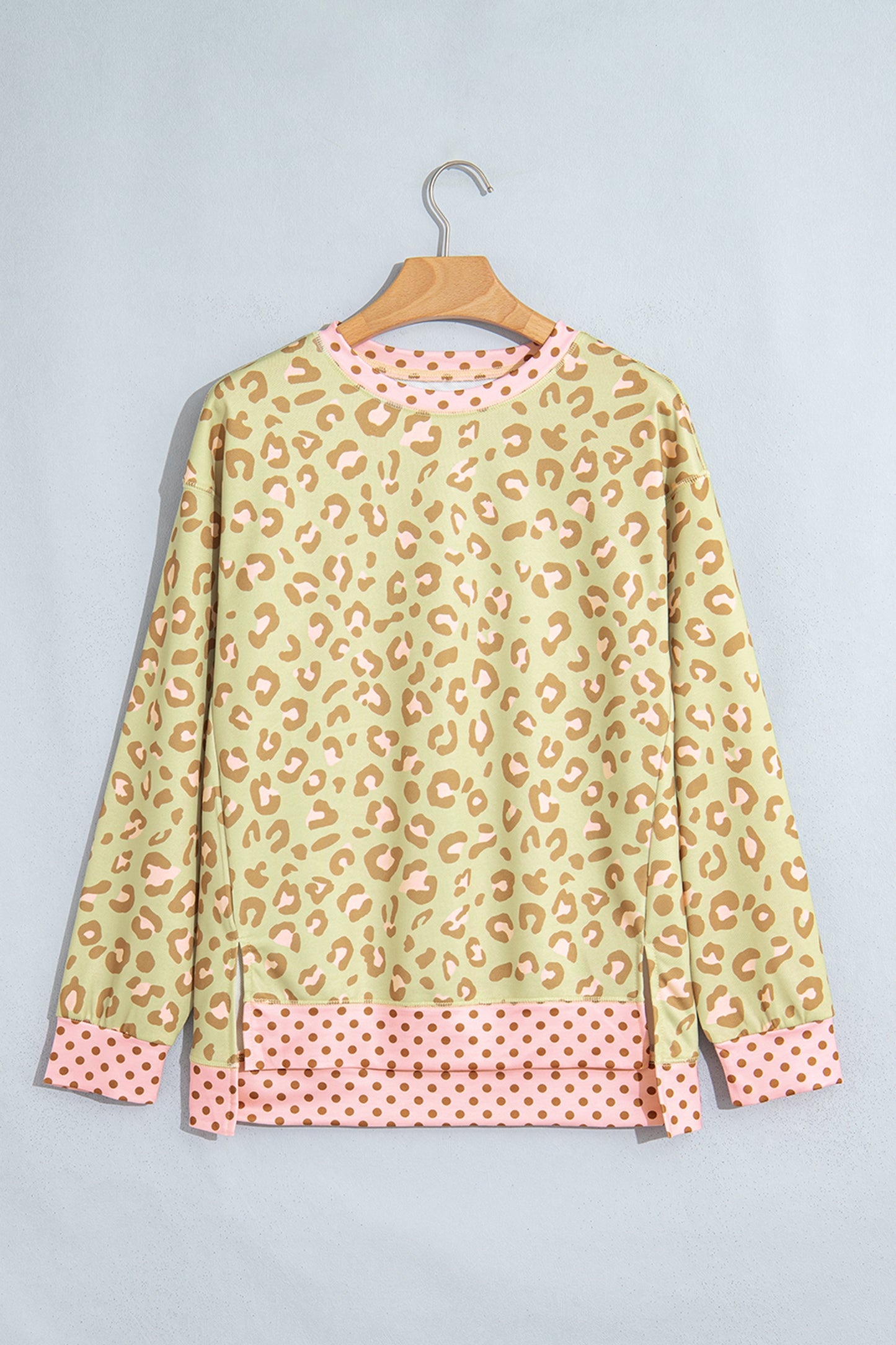 Pink Leopard Polka Dot Colorblock Trim Long Sleeve Top-Tops/Long Sleeve Tops-[Adult]-[Female]-2022 Online Blue Zone Planet