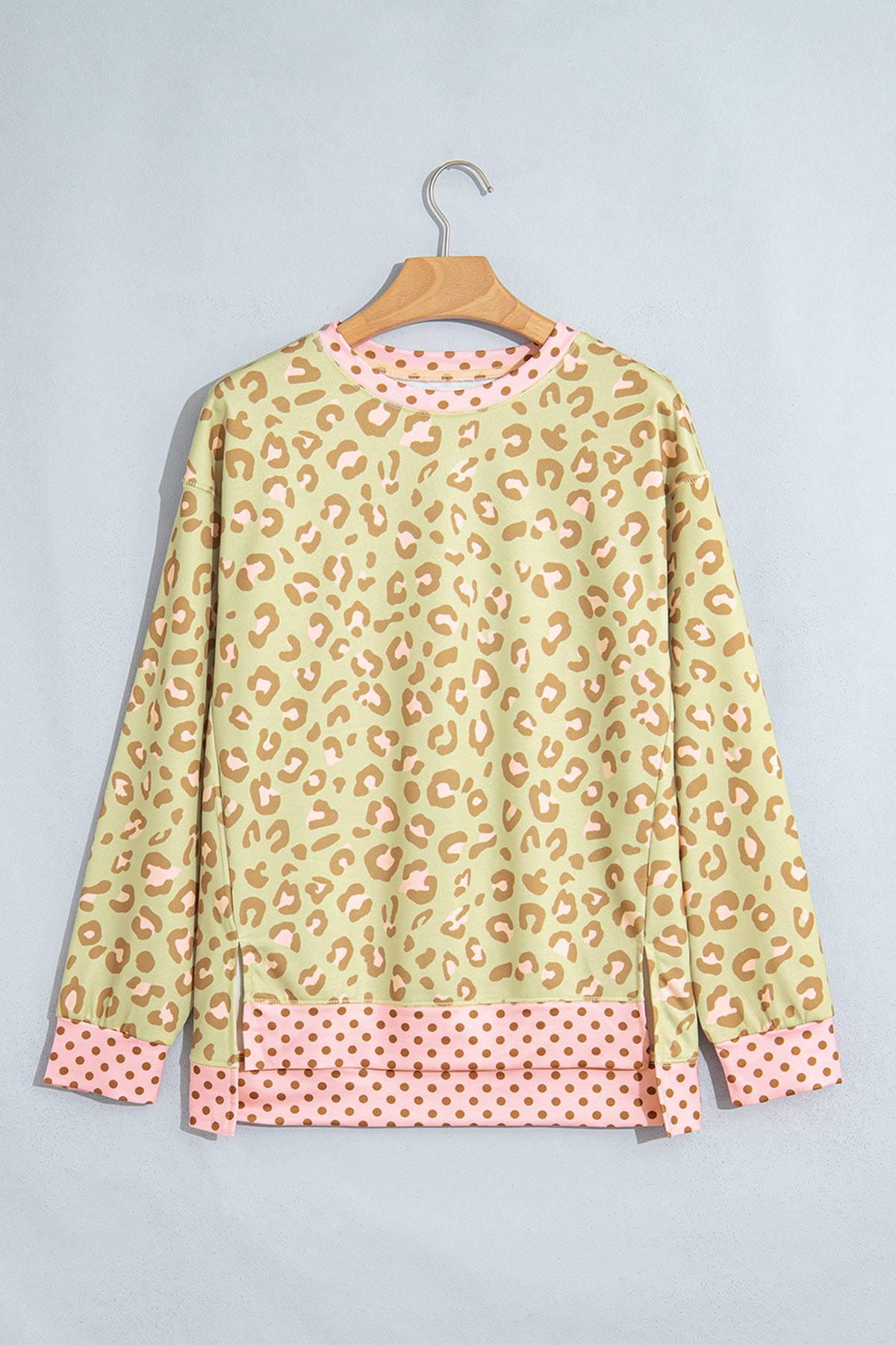 Pink Leopard Polka Dot Colorblock Trim Long Sleeve Top-Tops/Long Sleeve Tops-[Adult]-[Female]-2022 Online Blue Zone Planet