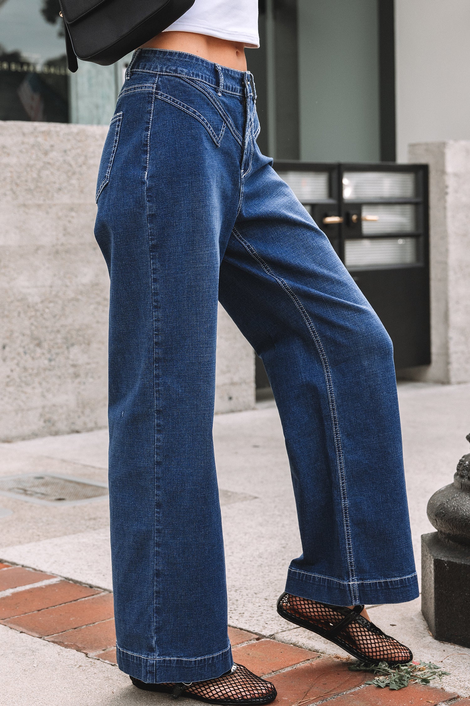 Sail Blue Stitched Waist Detail Loose Cuffed Jeans-Bottoms/Jeans-[Adult]-[Female]-2022 Online Blue Zone Planet