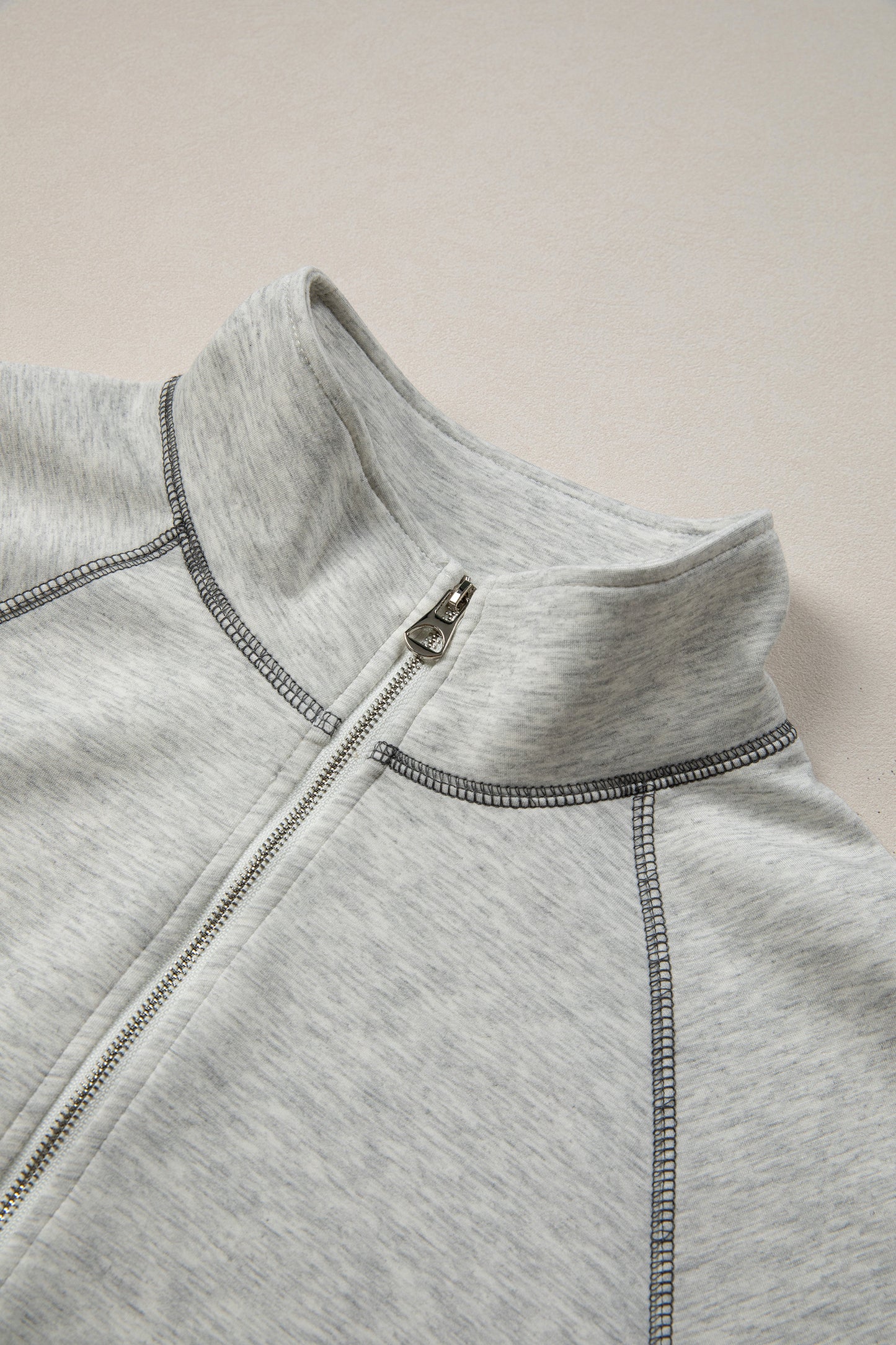 Light Grey Half Zip Stand Neck Seam Detail Long Sleeve Top-Tops/Long Sleeve Tops-[Adult]-[Female]-2022 Online Blue Zone Planet
