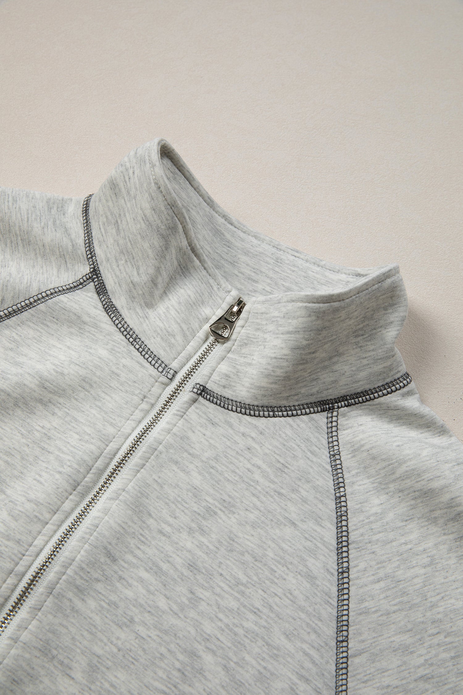 Light Grey Half Zip Stand Neck Seam Detail Long Sleeve Top-Tops/Long Sleeve Tops-[Adult]-[Female]-2022 Online Blue Zone Planet