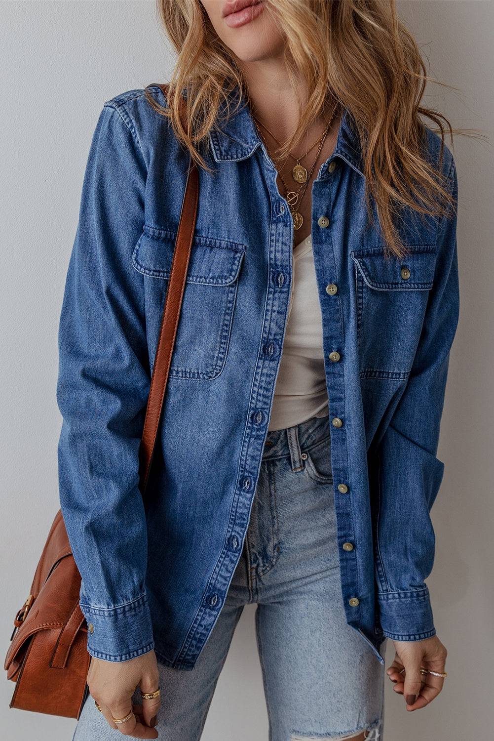 Blue Zone Planet | Sky Blue Flap Pocket Button Up Denim Shacket-Outerwear/Denim jackets-[Adult]-[Female]-Sky Blue-S-2022 Online Blue Zone Planet