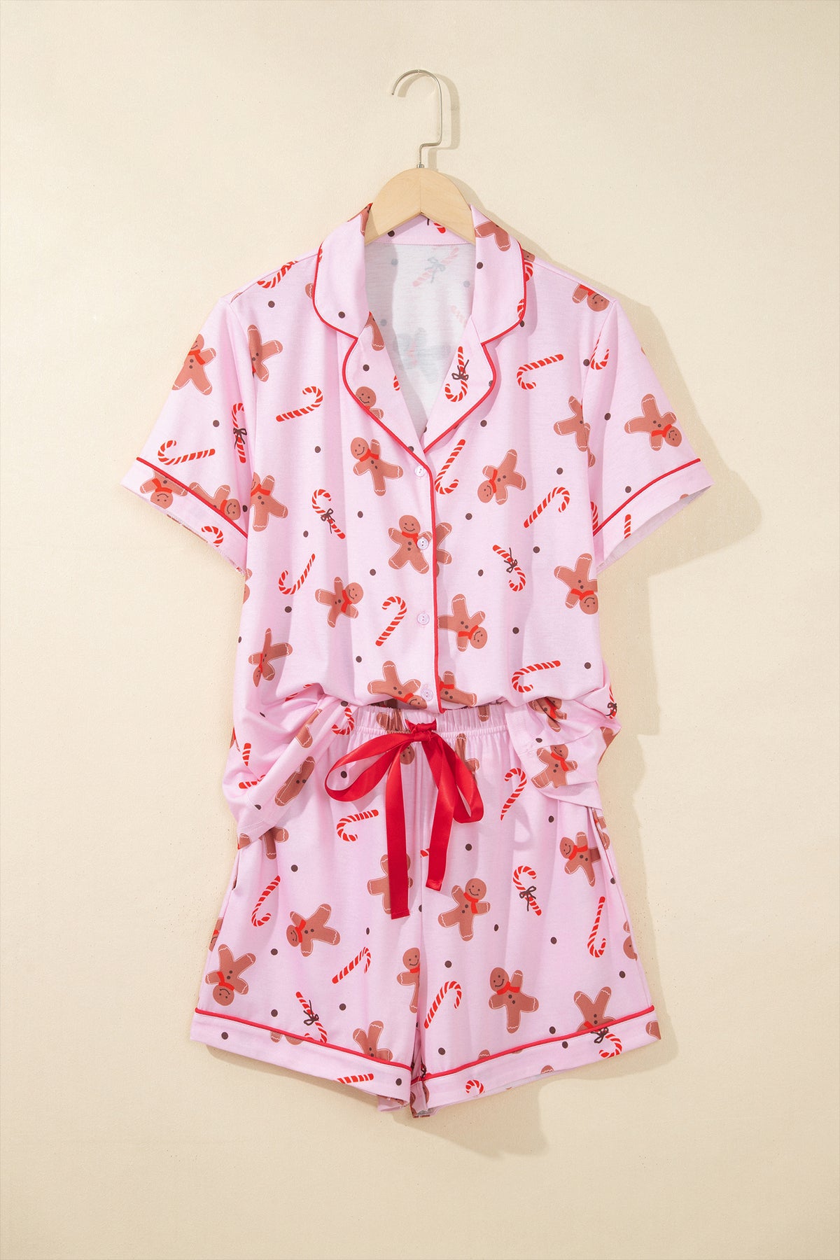 Pink Short Sleeve Placket Shell Button Elastic Waist Lounge Set-Loungewear & Sleepwear/Loungewear-[Adult]-[Female]-2022 Online Blue Zone Planet