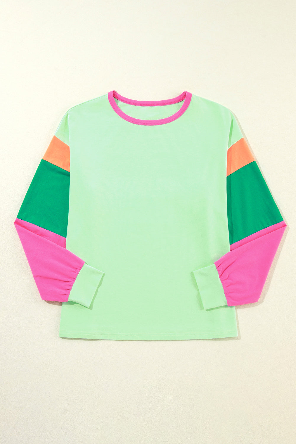 Green Colorblock Patchwork Long Sleeve Loose Top-Tops/Long Sleeve Tops-[Adult]-[Female]-2022 Online Blue Zone Planet