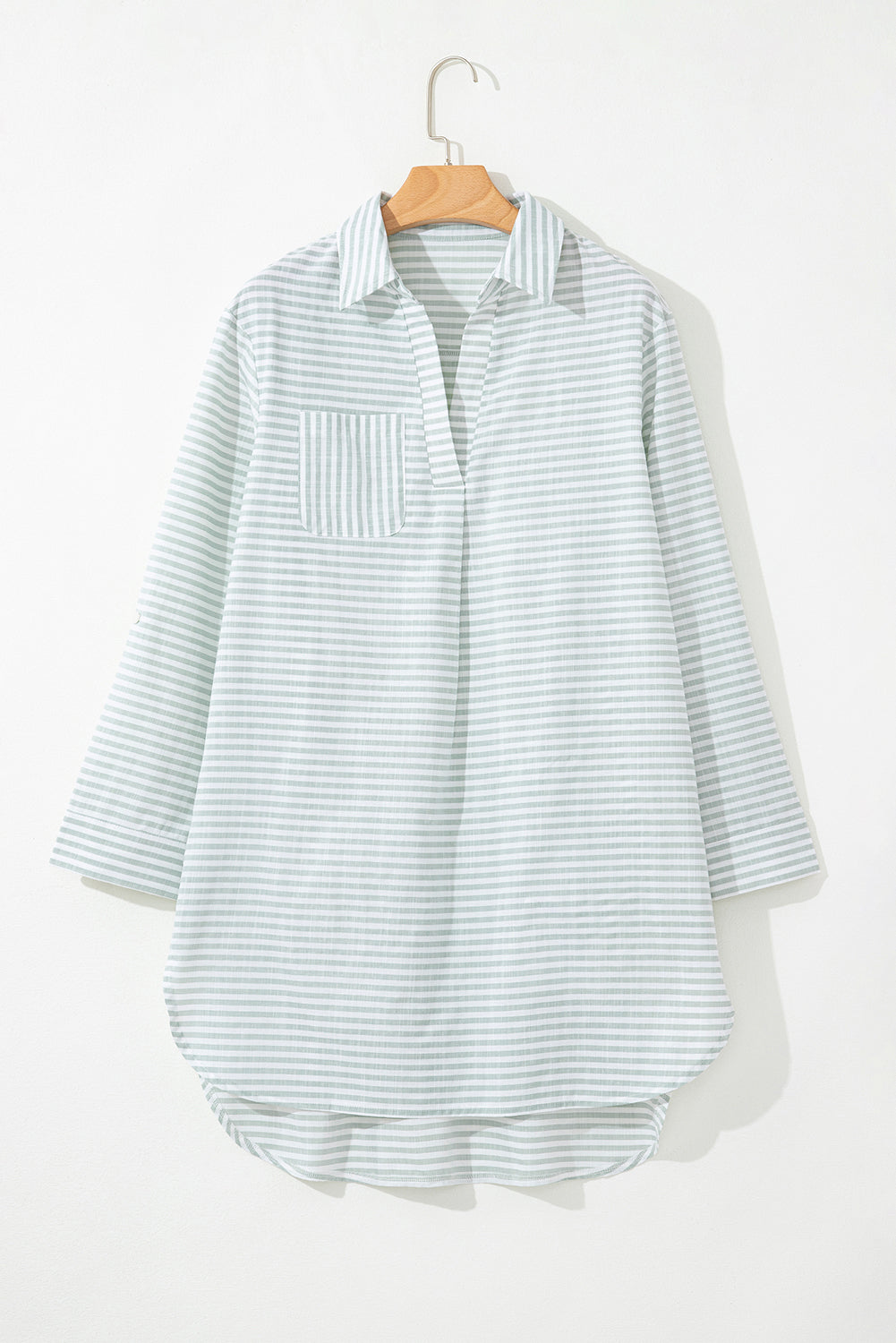 White Stripe Collared V Neck Chest Pocket Long Sleeve Beach Cover up-Swimwear/Beach Cover-ups-[Adult]-[Female]-2022 Online Blue Zone Planet
