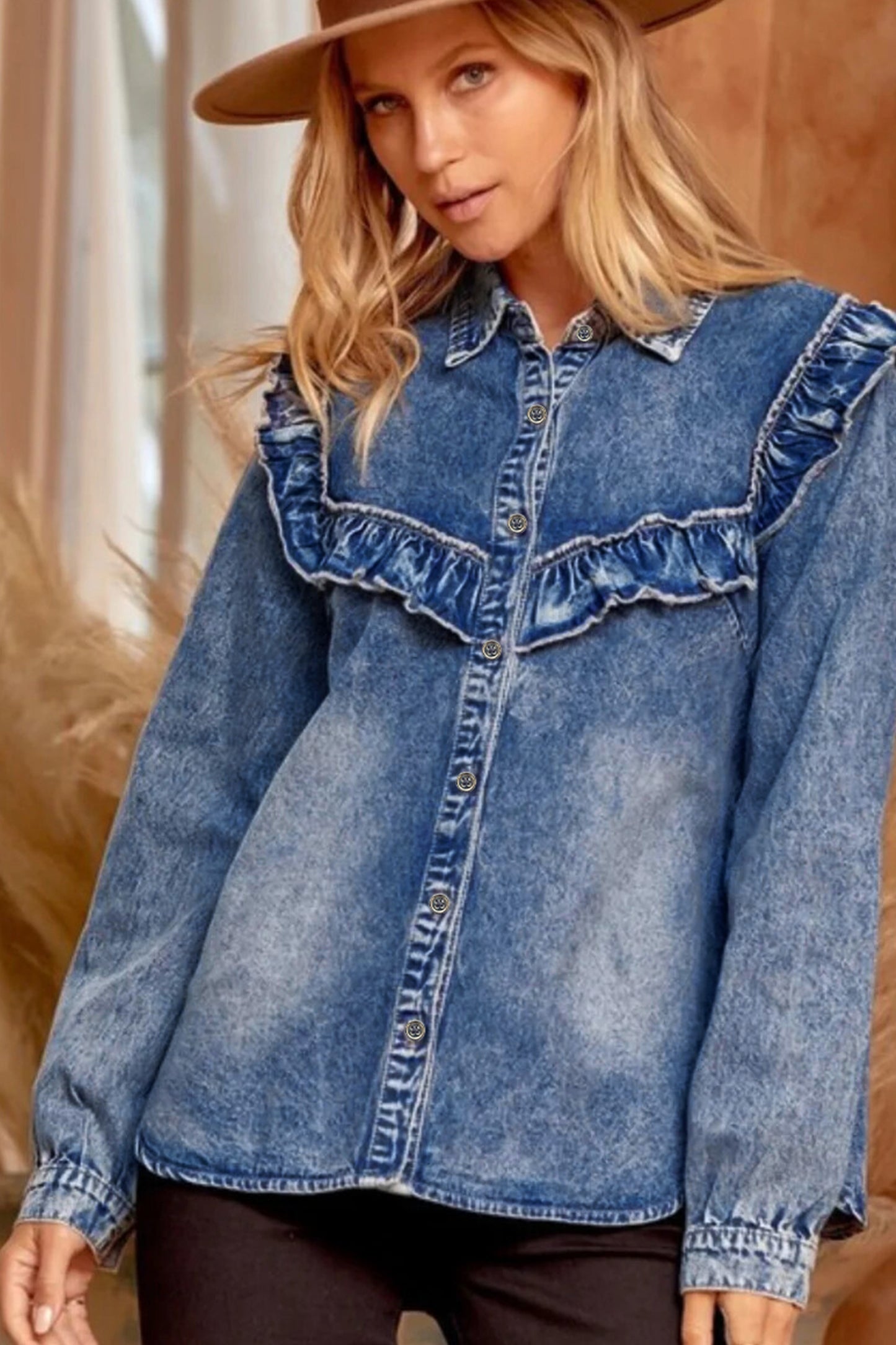 Dusk Blue Vintage Wash Denim Ruffle Detail Button Down Shirt-Tops/Blouses & Shirts-[Adult]-[Female]-2022 Online Blue Zone Planet