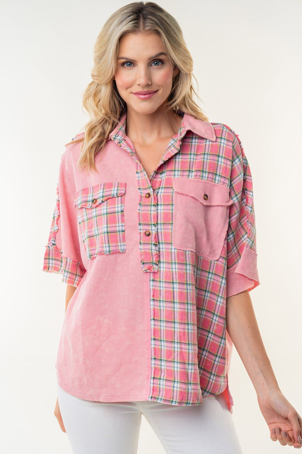 Blue Zone Planet | White Birch Plaid Color Block Half Button Top-TOPS / DRESSES-[Adult]-[Female]-Rose-S-2022 Online Blue Zone Planet