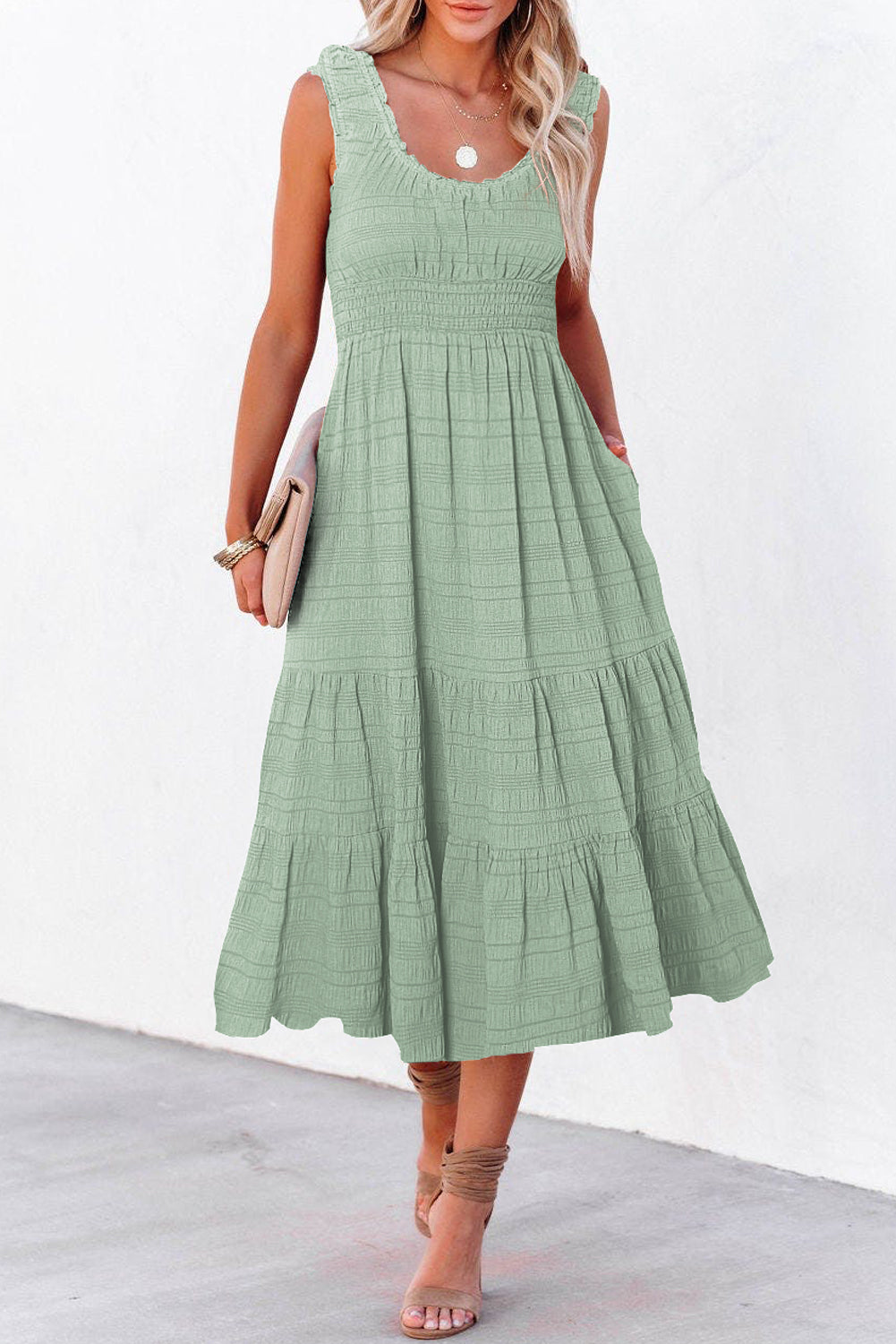 Sky Blue Shirred Pleated Square Neck Sleeveless Midi Dress-Dresses/Midi Dresses-[Adult]-[Female]-Green-S-2022 Online Blue Zone Planet