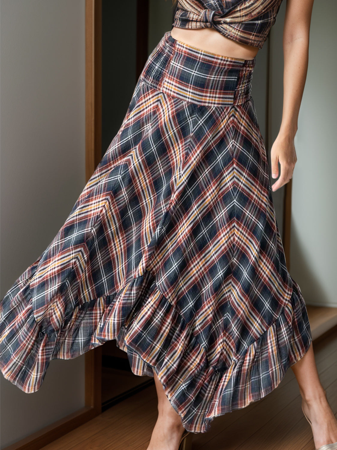 Plaid Asymmetrical Ruffle Hem Skirt-BOTTOMS SIZES SMALL MEDIUM LARGE-[Adult]-[Female]-Plaid-S-2022 Online Blue Zone Planet