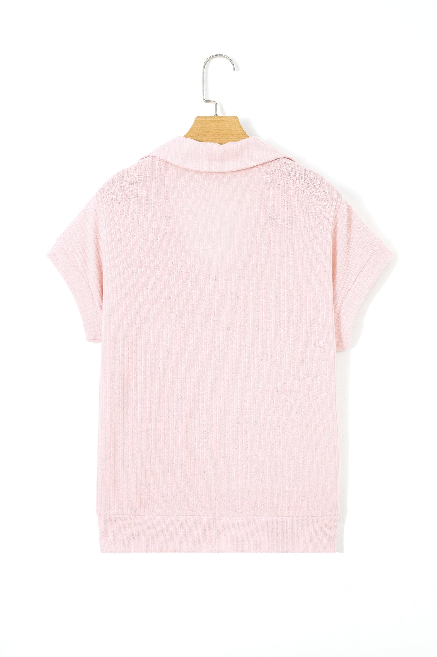 Light Pink Collared V Neck Ribbed Tee-Tops/Tops & Tees-[Adult]-[Female]-2022 Online Blue Zone Planet