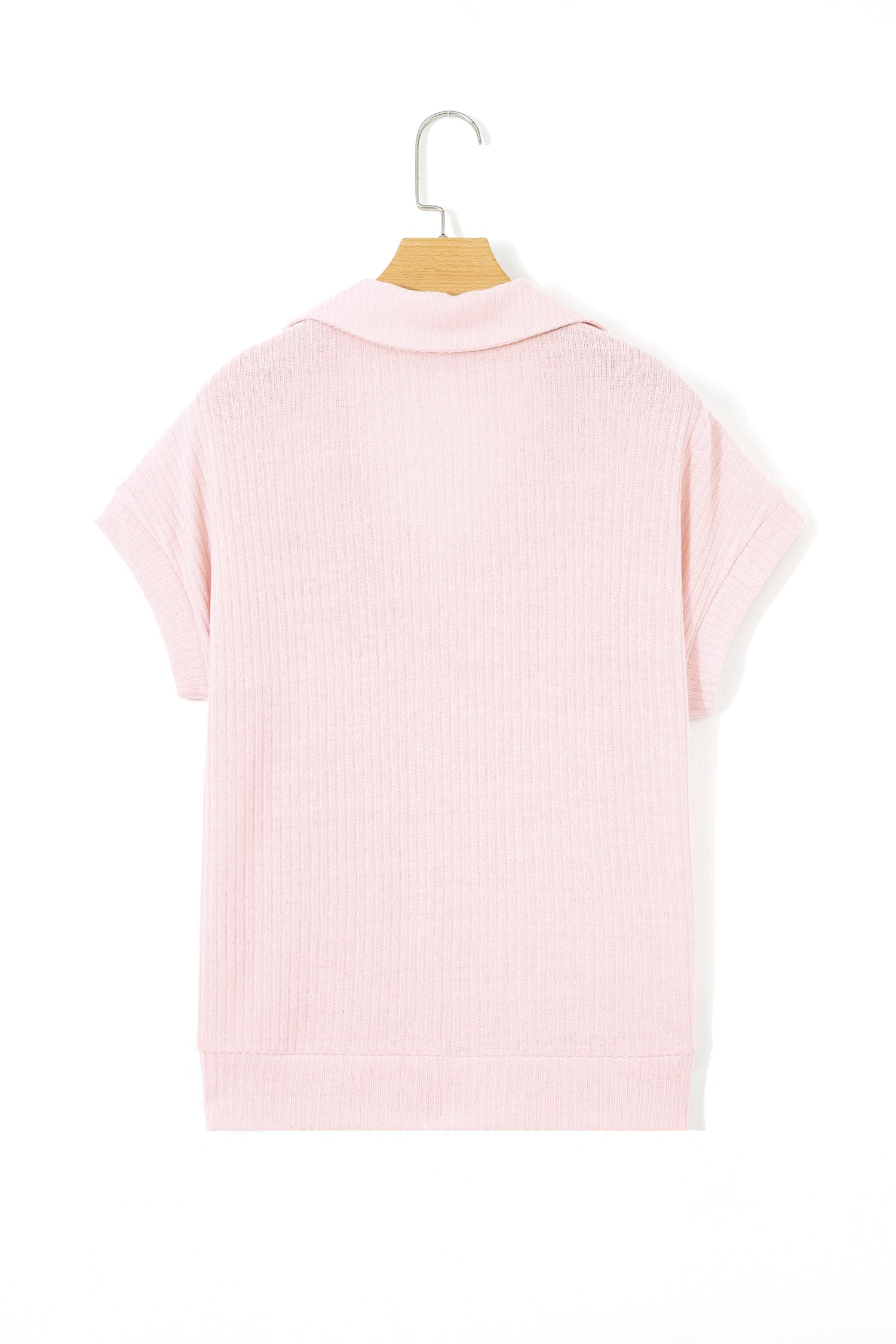 Light Pink Collared V Neck Ribbed Tee-Tops/Tops & Tees-[Adult]-[Female]-2022 Online Blue Zone Planet