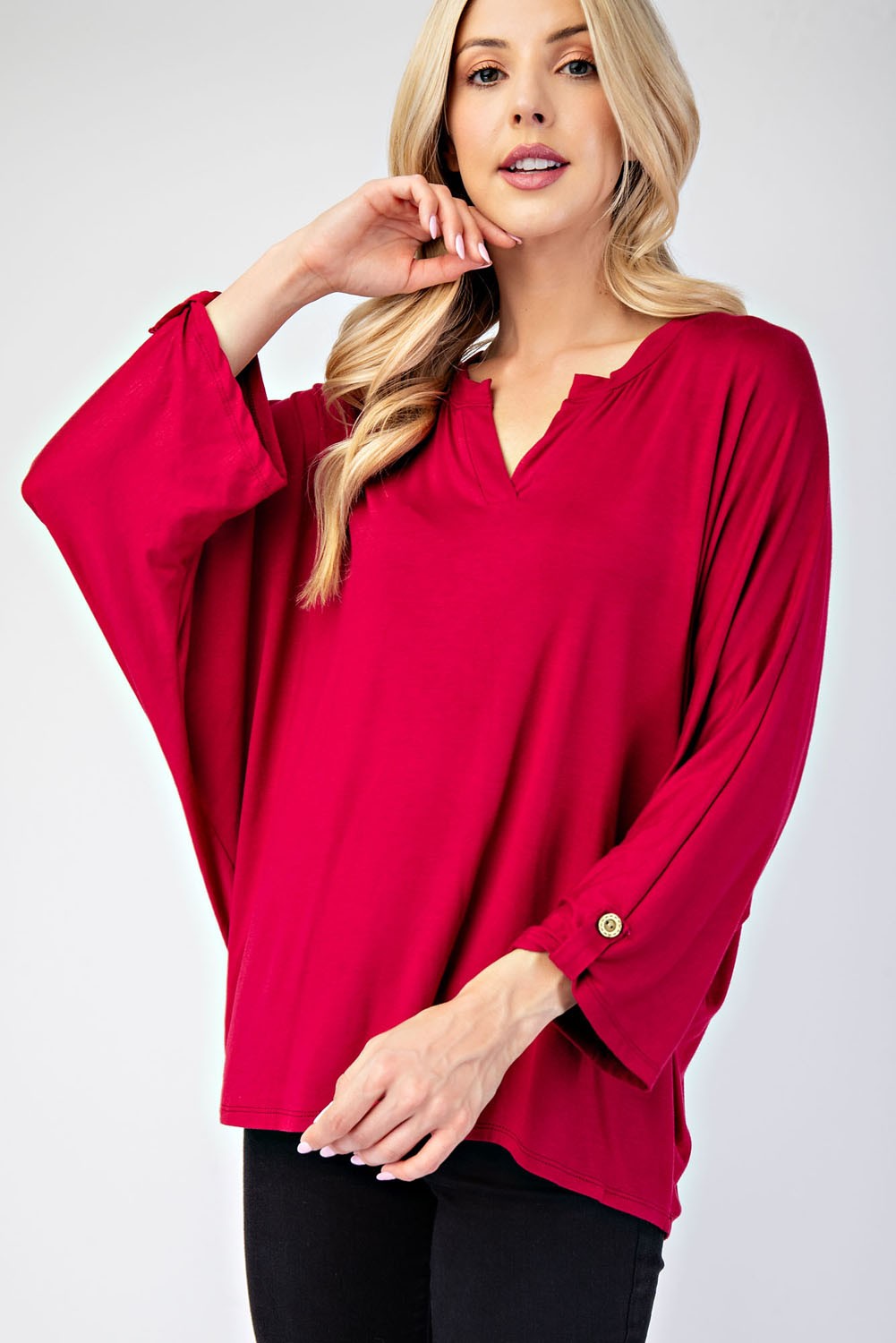 Celeste Full Size Notched Three-Quarter Sleeve Blouse-TOPS / DRESSES-[Adult]-[Female]-2022 Online Blue Zone Planet