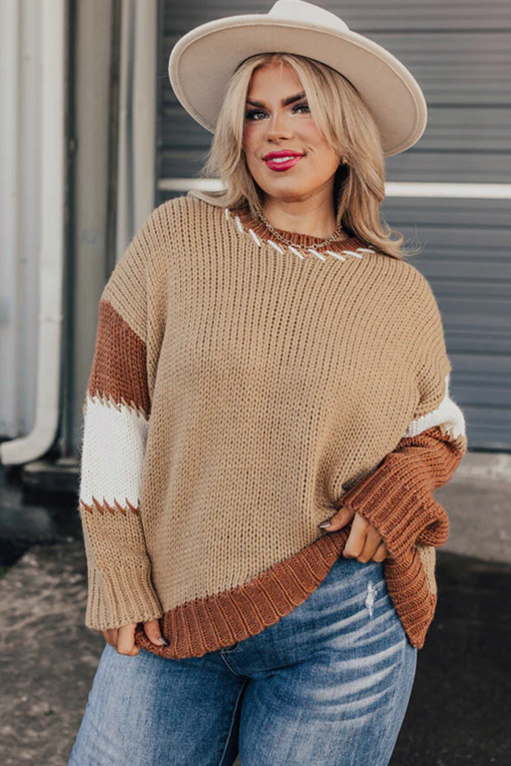 Light French Beige Contrast Stitch Detail Color Block Knitted Plus Size Sweater-Plus Size/Plus Size Sweaters & Cardigans-[Adult]-[Female]-2022 Online Blue Zone Planet