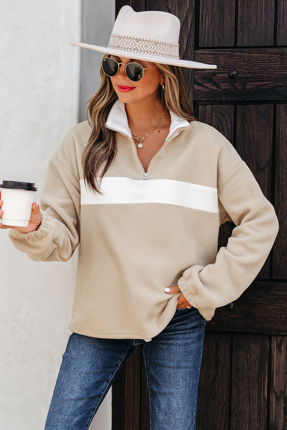 Parchment Fleece Colorblock Patchwork Zipped Neck Pullover Sweatshirt-Tops/Sweatshirts & Hoodies-[Adult]-[Female]-2022 Online Blue Zone Planet