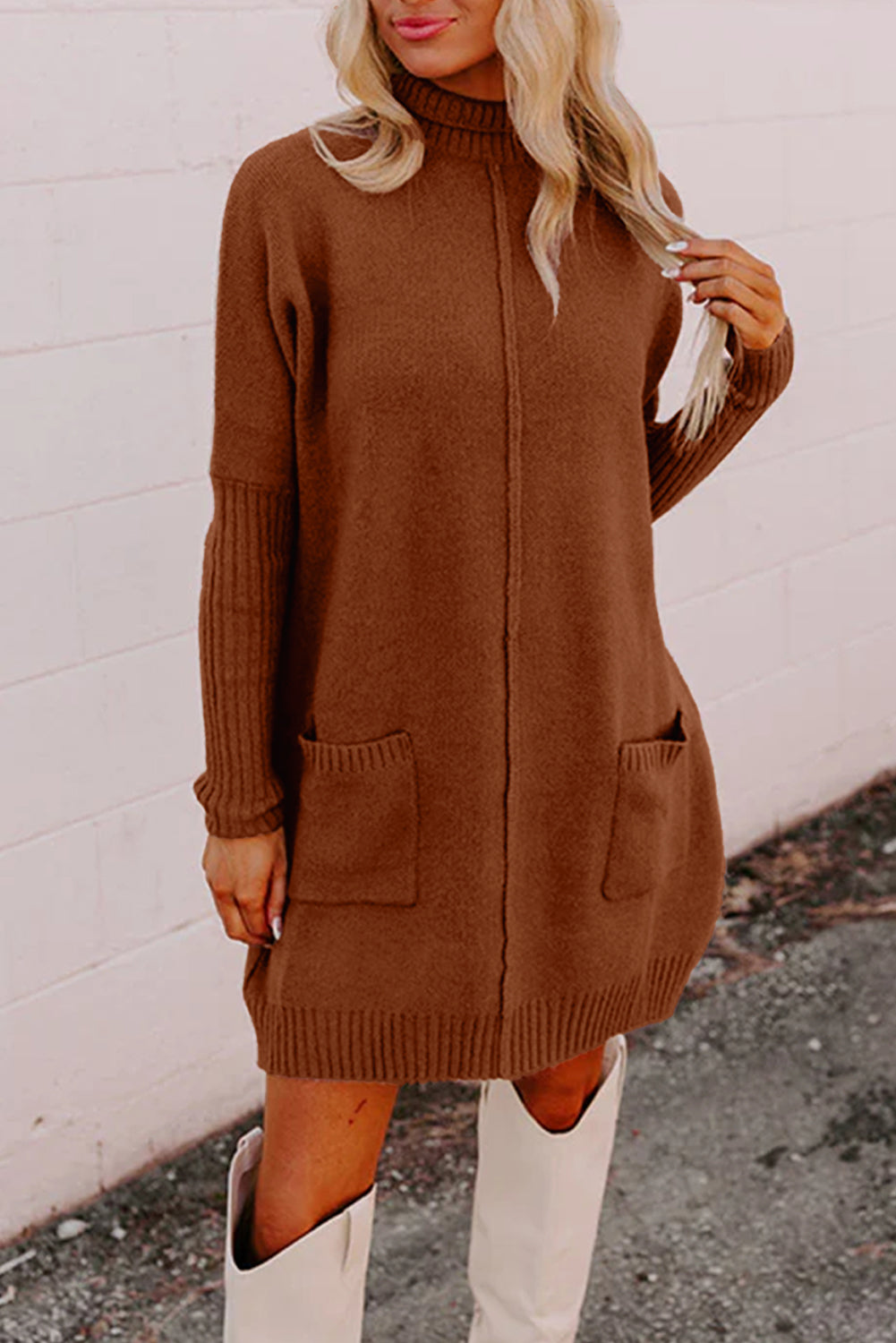Chestnut Ribbed High Neck Front Pockets Center Seam Shift Sweater Dress-Sweaters & Cardigans/Sweater Dresses-[Adult]-[Female]-Chestnut-S-2022 Online Blue Zone Planet