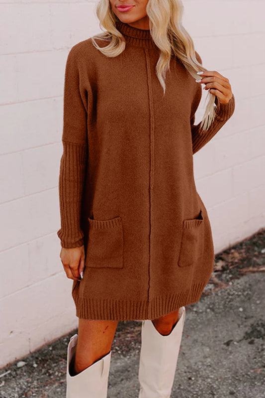 Chestnut Ribbed High Neck Front Pockets Center Seam Shift Sweater Dress-Sweaters & Cardigans/Sweater Dresses-[Adult]-[Female]-Chestnut-S-2022 Online Blue Zone Planet